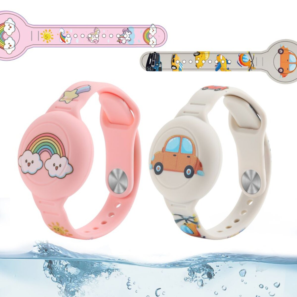 Deux montres intelligentes avec des dessins animés. Une rose avec un arc-en-ciel, l'autre blanche avec une voiture. Bandes de dessins animés en haut.
