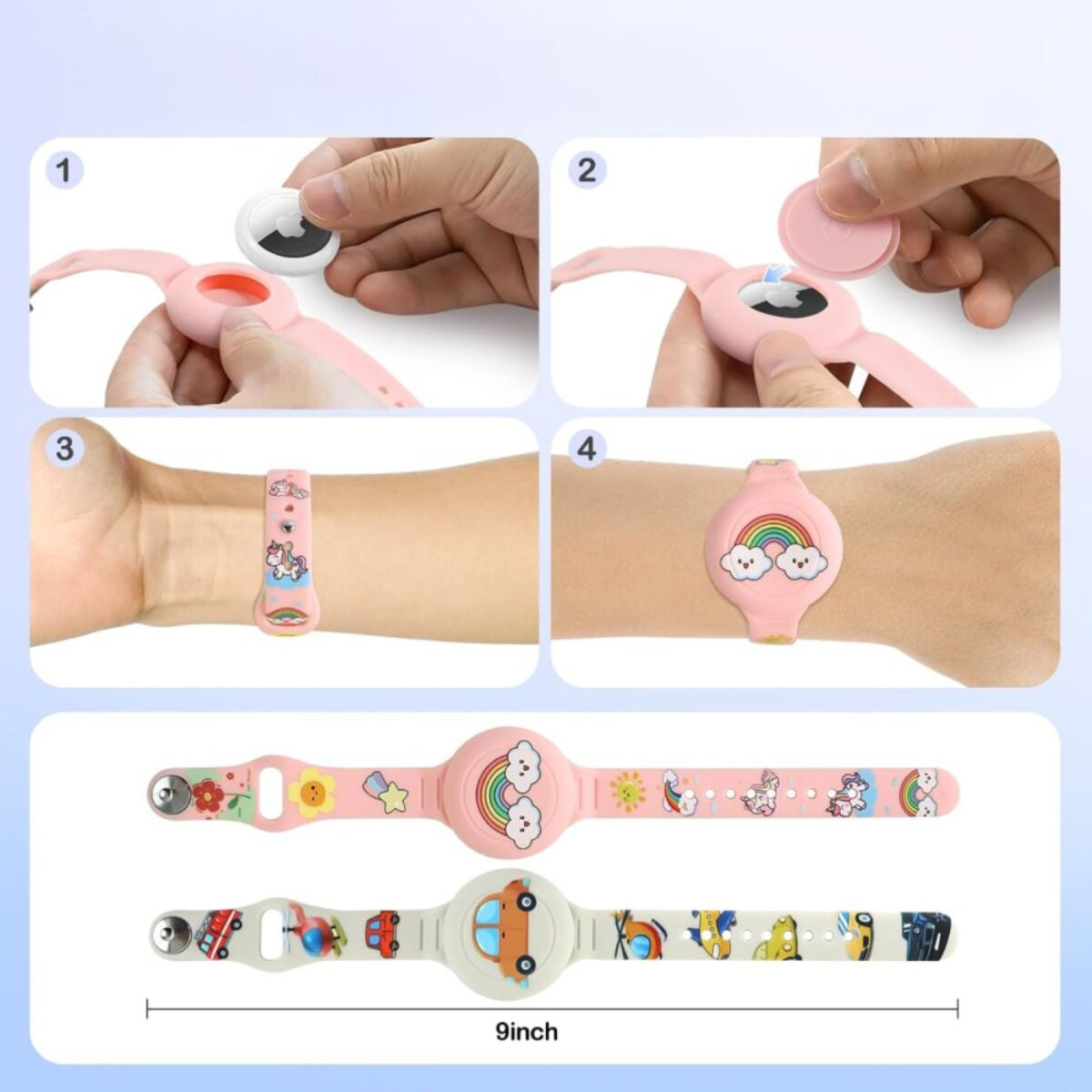 Les étapes montrent comment attacher un traceur à un bracelet rose avec des arcs-en-ciel et des licornes. Deux bracelets sont affichés en bas.