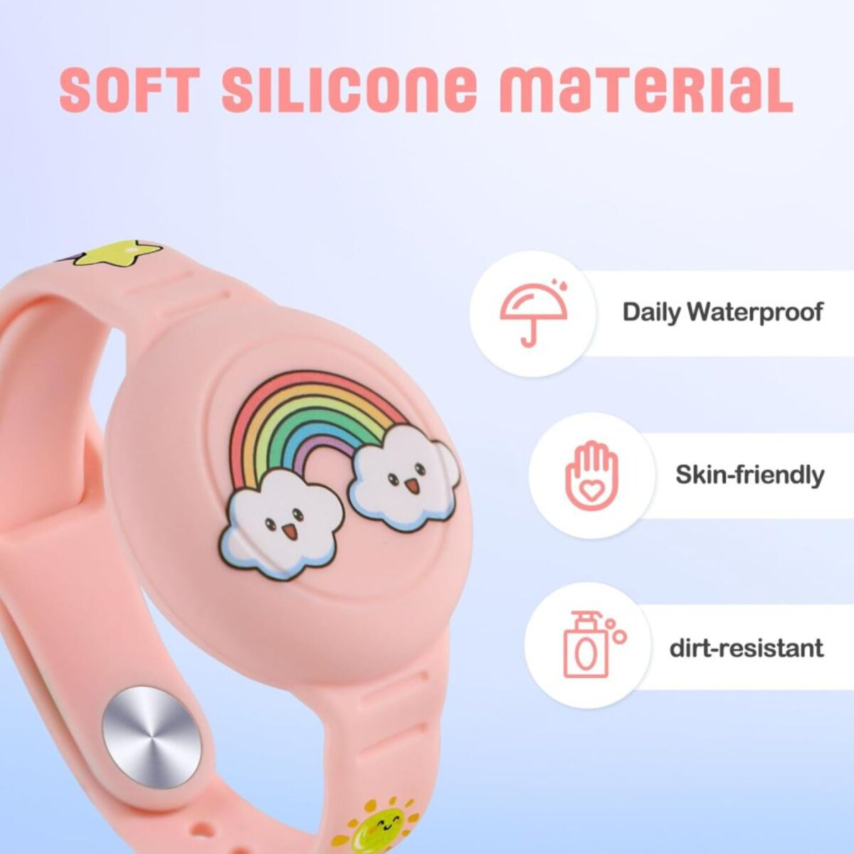 Une montre en silicone rose avec un motif arc-en-ciel et nuages. Le texte dit 'Étanche quotidien', 'Adapté à la peau' et 'résistant à la saleté'.