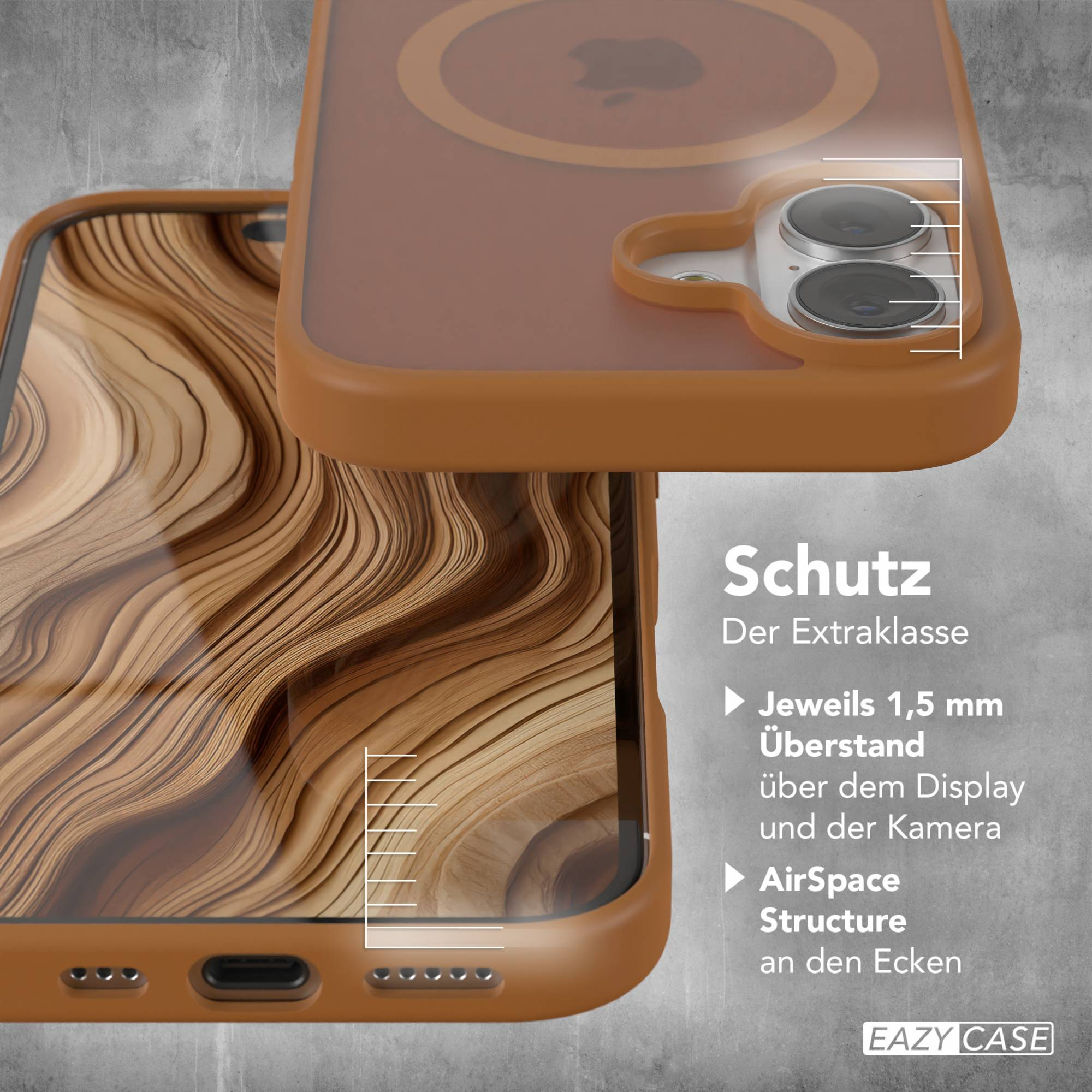 Eine braune Handyhülle schützt das Telefon. Der Hintergrund ist eine graue Oberfläche. Das Gehäuse hat ein holzähnliches Design.