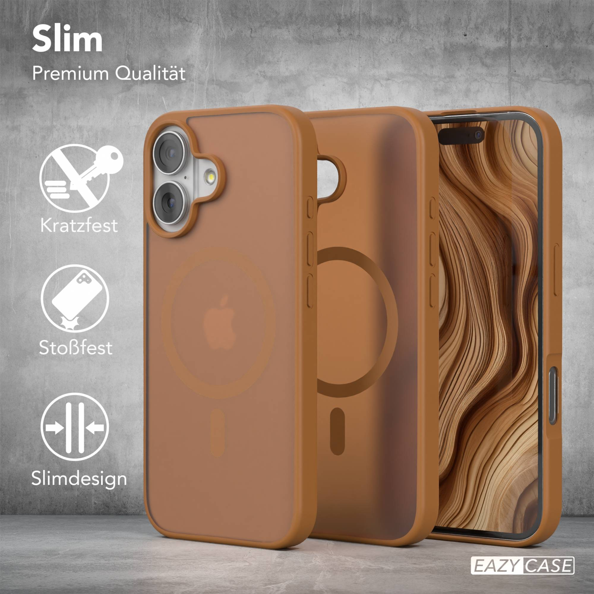 Drei braune Handyhüllen. Eine mit einem Telefon, das eine holzähnliche Tapete zeigt. Die Hüllen liegen nebeneinander auf grauem Hintergrund.