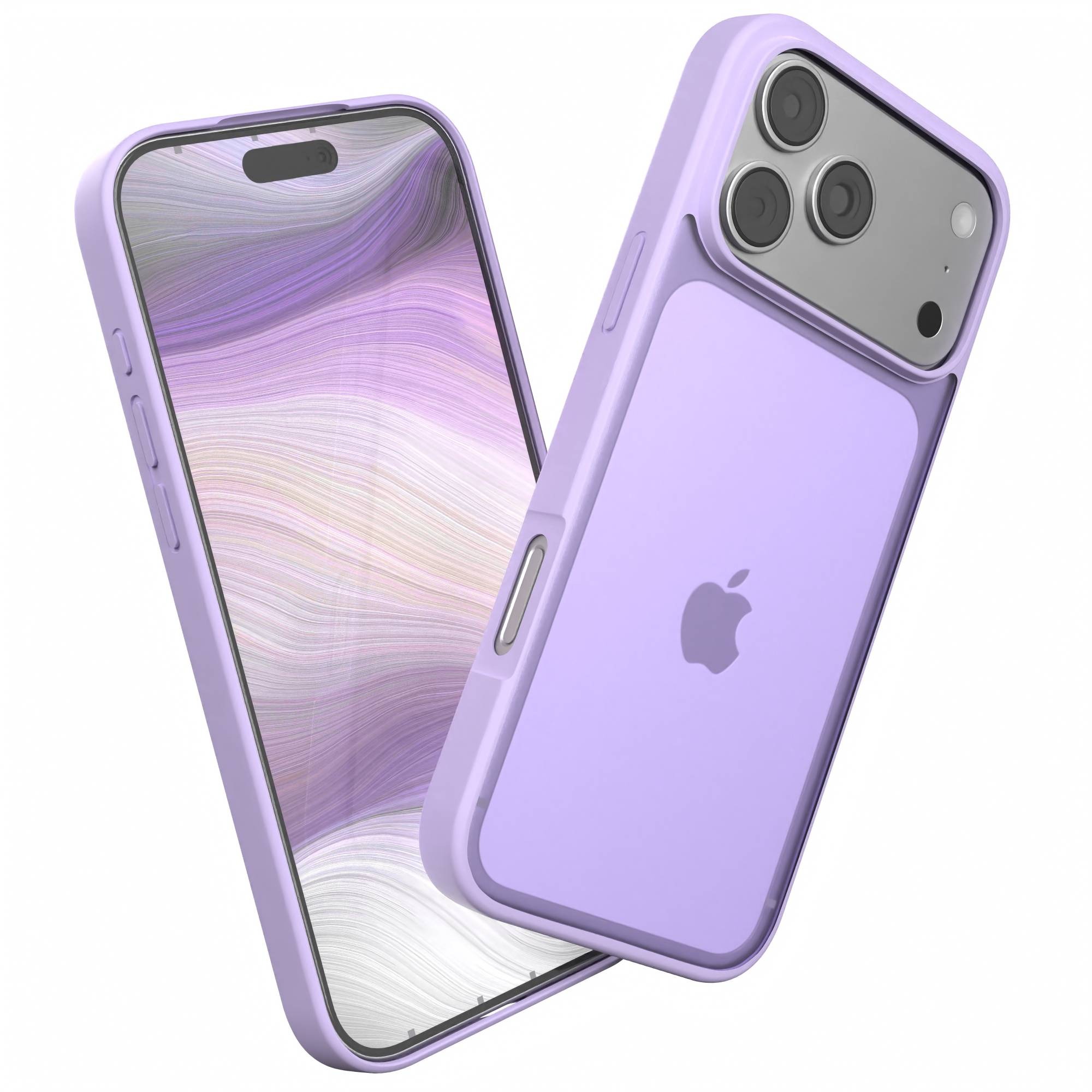 Zwei lavendelfarbene Handyhüllen. Eine mit Telefon, die andere abgetrennt. Beide Hüllen haben ein Apple-Logo.