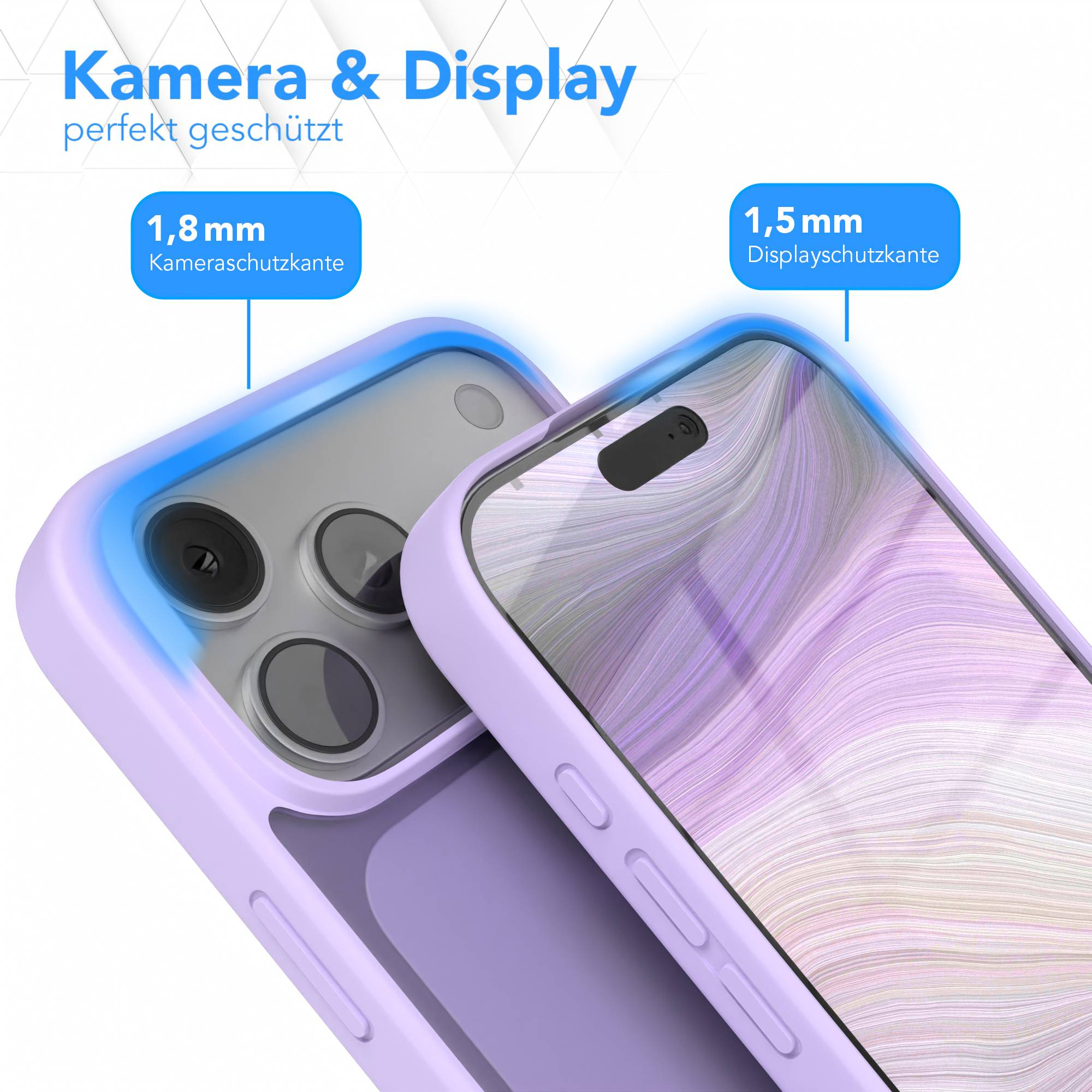 Handyhülle mit lavendelfarbenem Rahmen, die den Kamera- und Displayschutz zeigt. Text auf Deutsch: Kamera & Display perfekt geschützt.