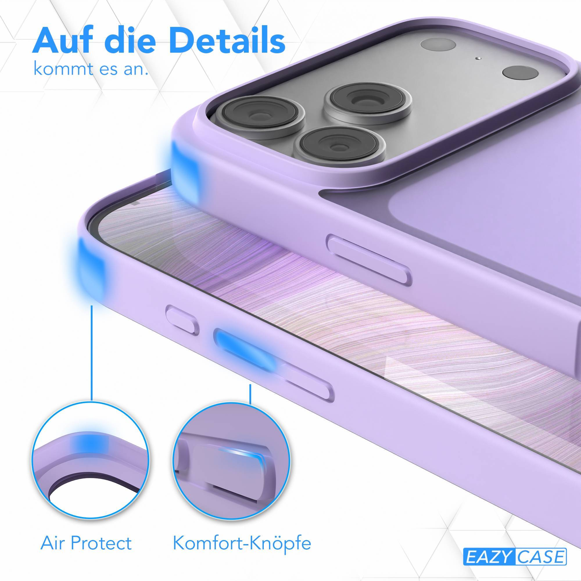Nahaufnahme einer lila Handyhülle mit einem Telefon darin. Die Hülle hat Tasten- und Luftschutzfunktionen.