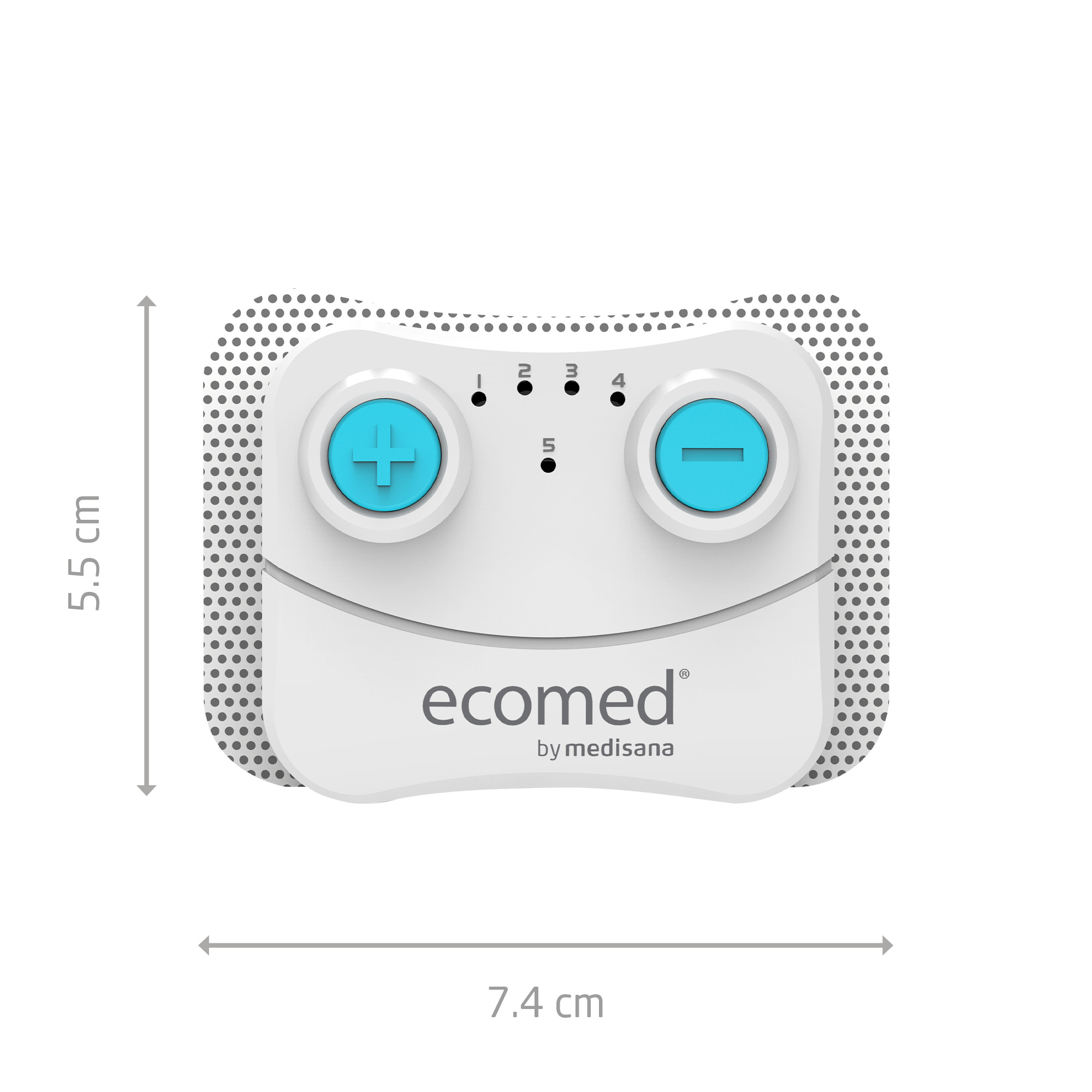 Weißes ecomed-Gerät mit blauen Knöpfen, Plus- und Minus-Symbolen. Grauer gepunkteter Rand. Maße: 5,5 cm und 7,4 cm.