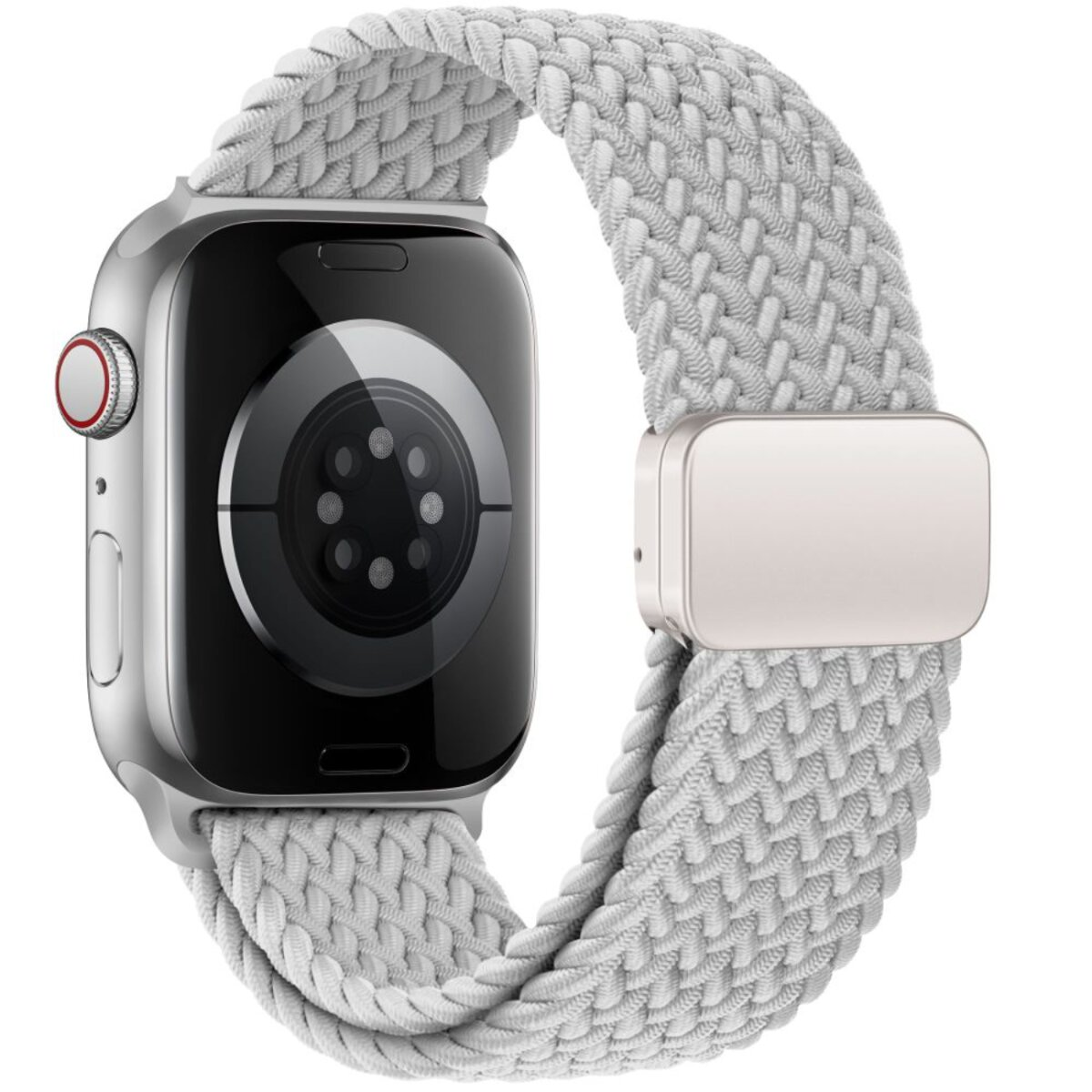 Une Apple Watch argentée avec un bracelet tressé gris clair. Le cadran est noir. Le bracelet a un fermoir en métal.