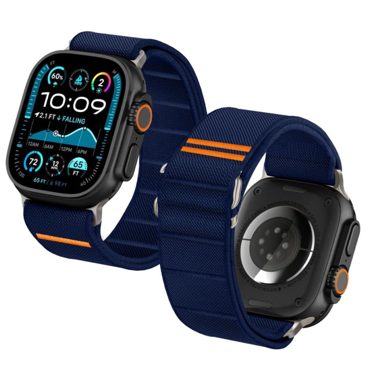 Deux montres intelligentes avec bracelets bleus et accents orange. L'une affiche l'heure, l'autre révèle le dos.