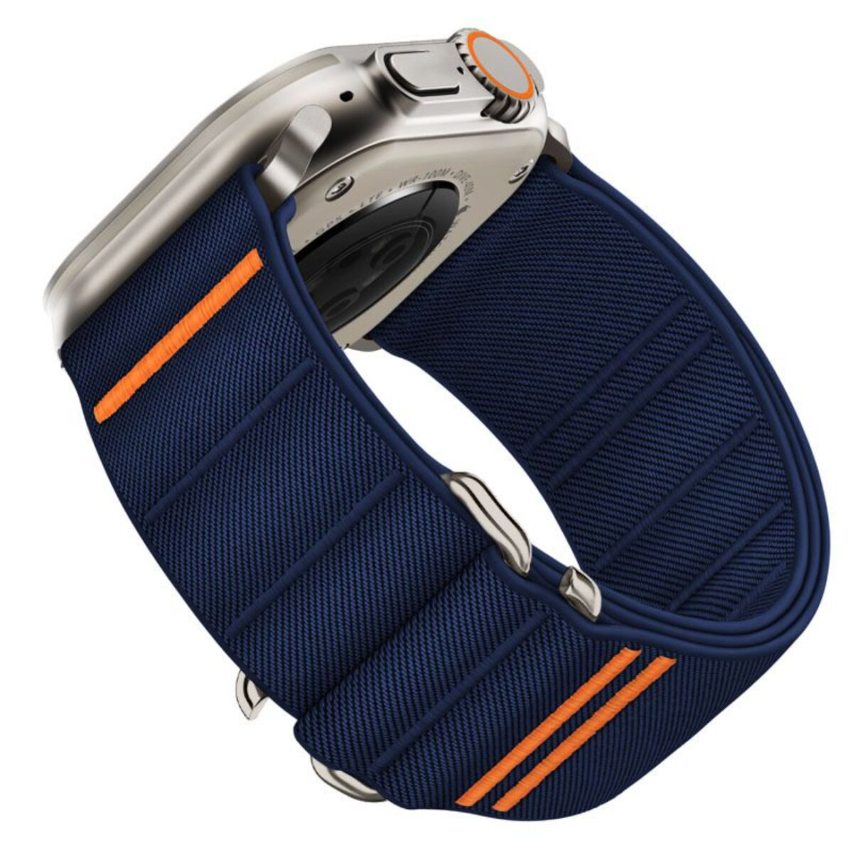 Gros plan d'une montre intelligente avec un bracelet bleu à rayures orange. Le cadran est argenté avec un cadran orange.