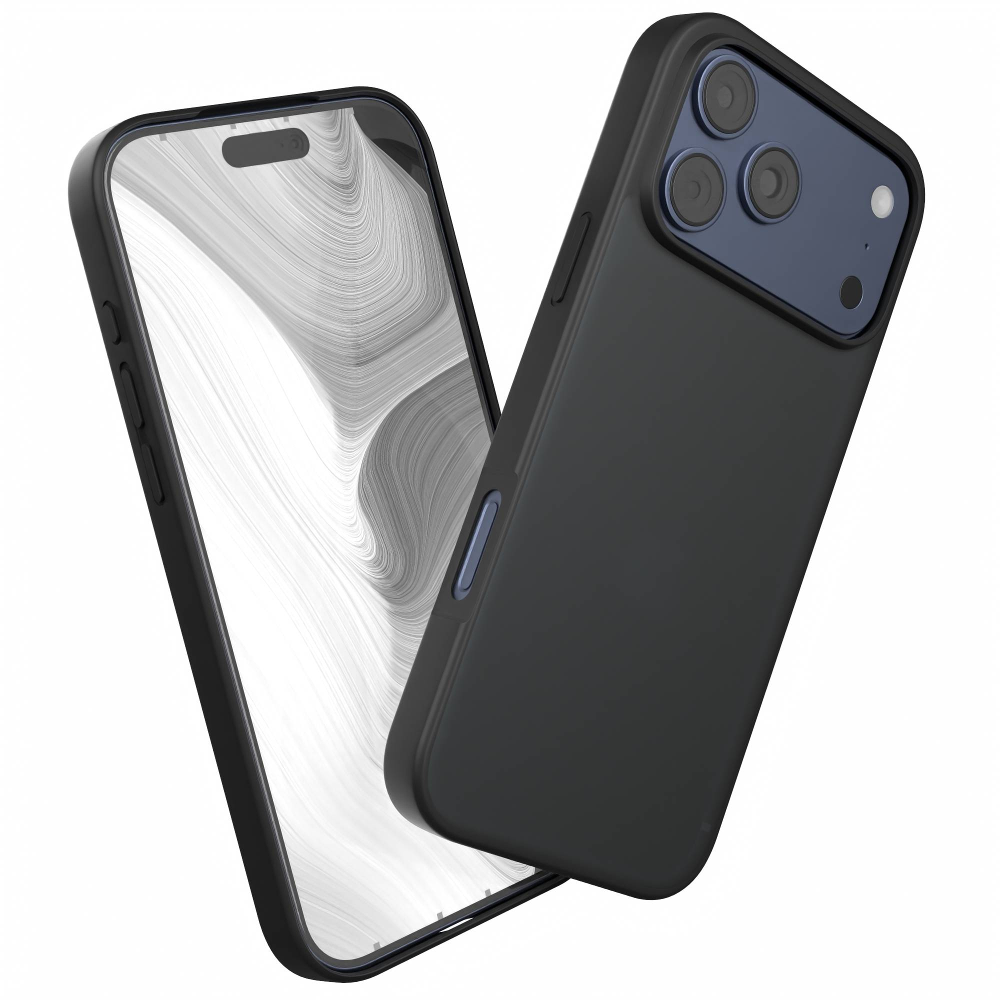 Ein schwarzes Telefon in einer schwarzen Hülle, Bildschirm mit weißen Linien und blauem Kamerabereich. Weißer Hintergrund.