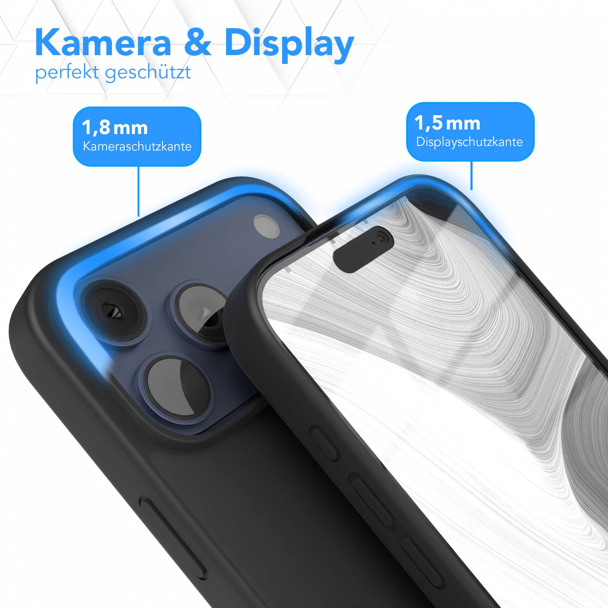 Ein Telefon in einer schwarzen Hülle mit Kamera- und Bildschirmschutz. Text auf Deutsch.