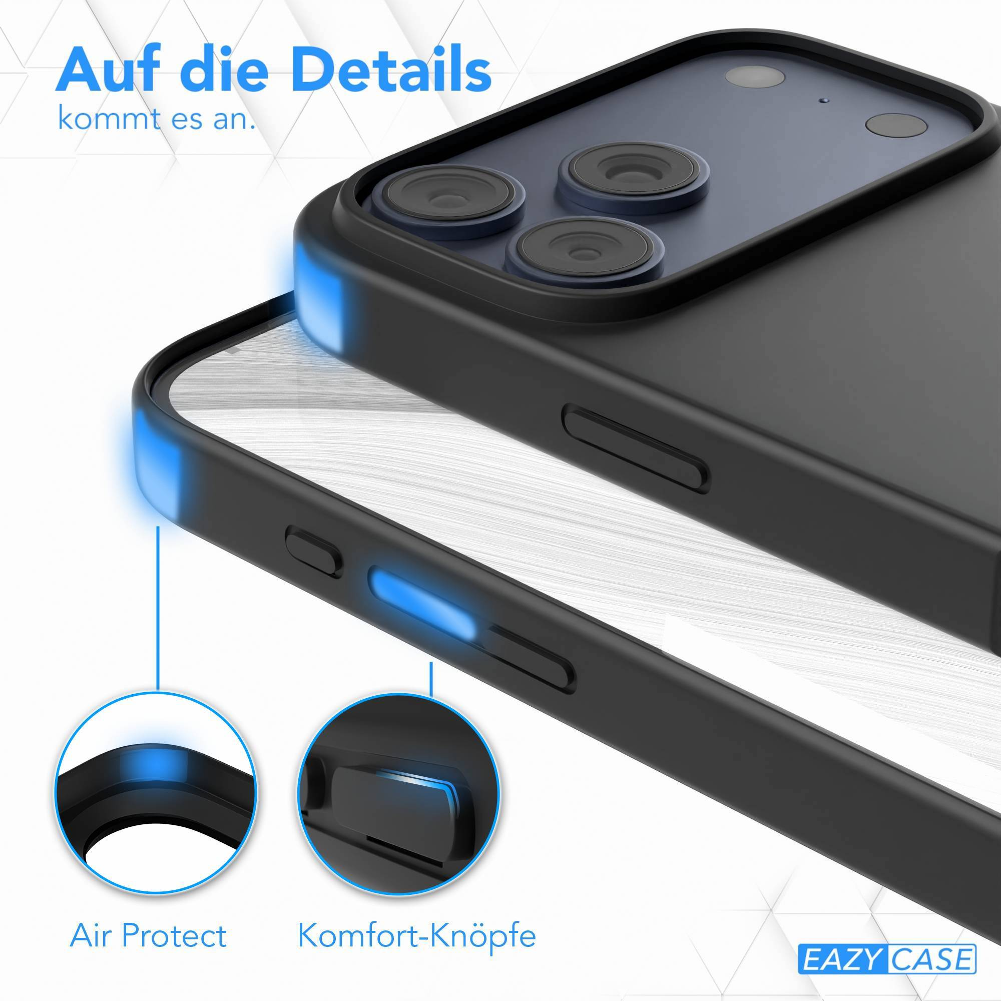 Schwarze Handyhülle mit blauen Akzenten, zeigt Luftschutz und Komforttasten. Text: Auf die Details kommt es an.