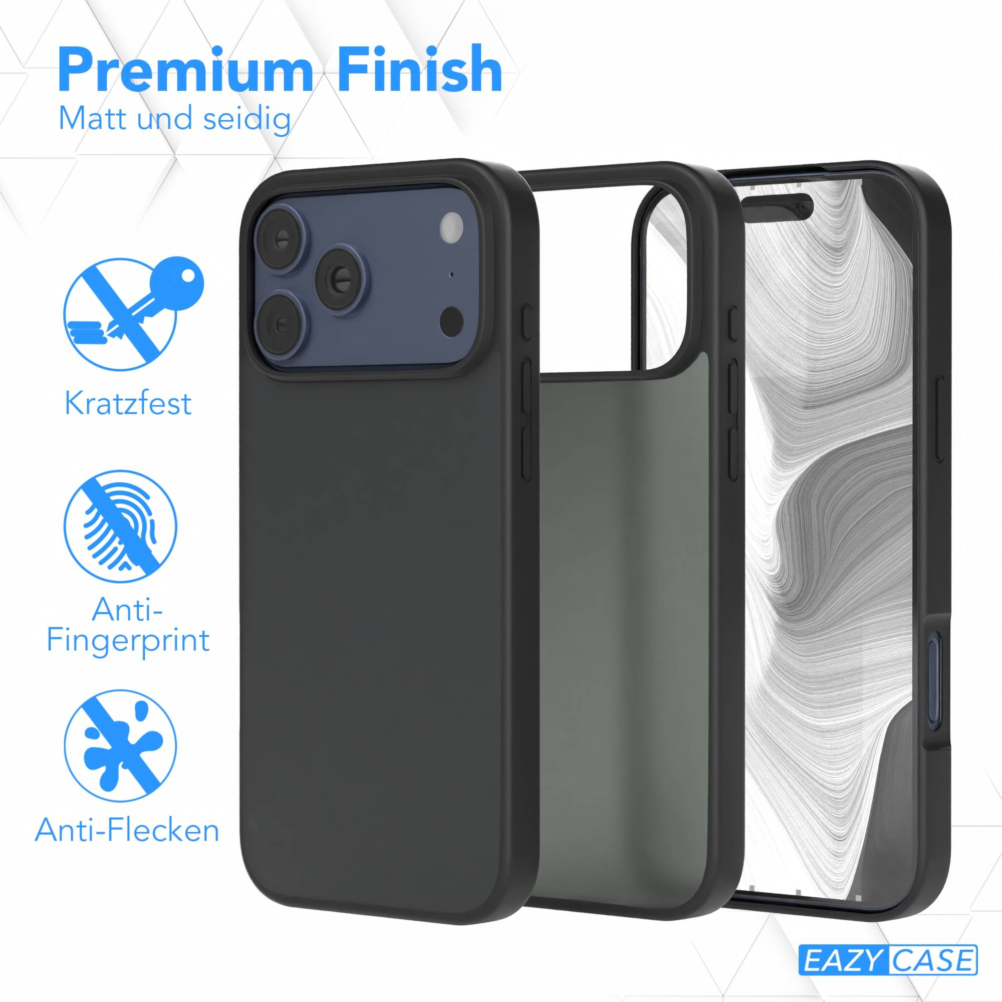 Ein Telefoncase wird gezeigt, mit schwarzer Außenseite und grauer Innenseite, sowie Icons für Kratz- und Fingerabdruckfestigkeit.