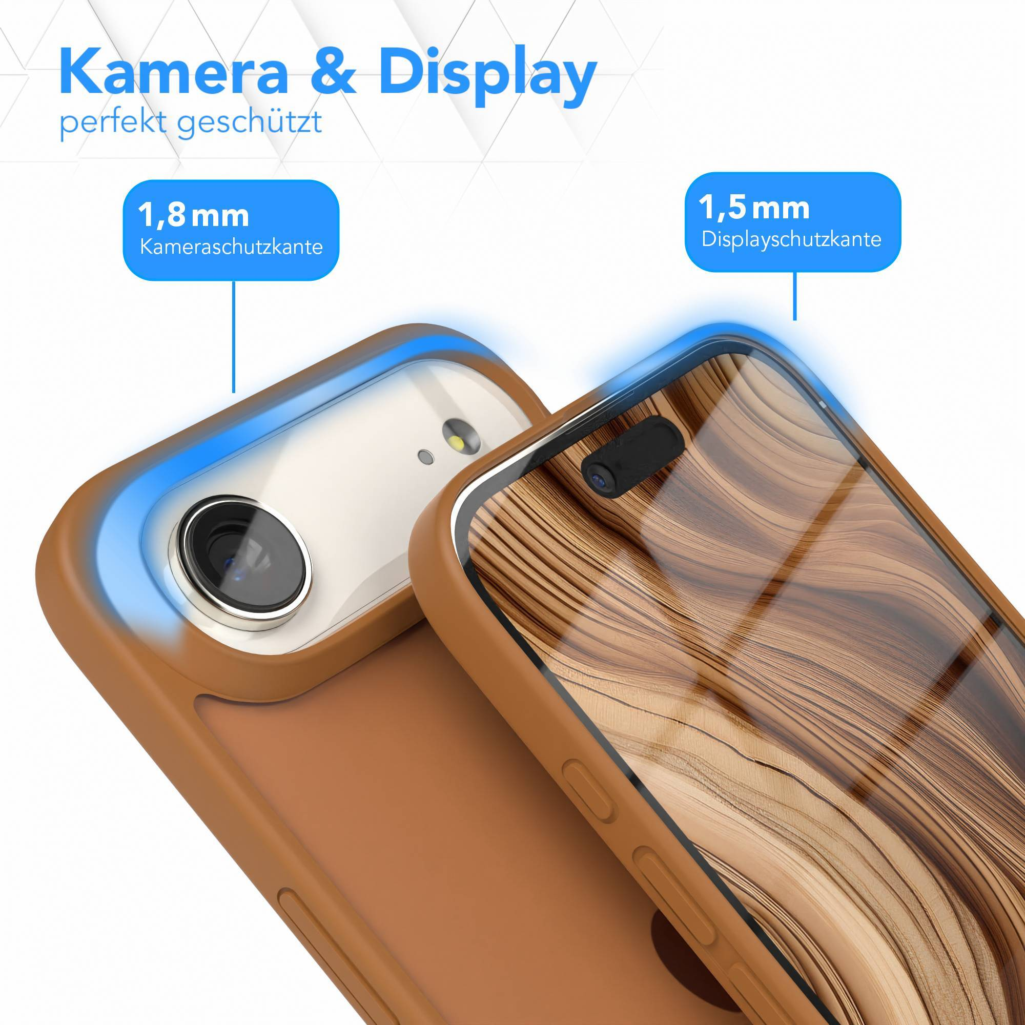 Handyhülle mit Holzdesign auf weißem Hintergrund. Schützt Kamera und Display. Die Hülle ist braun.