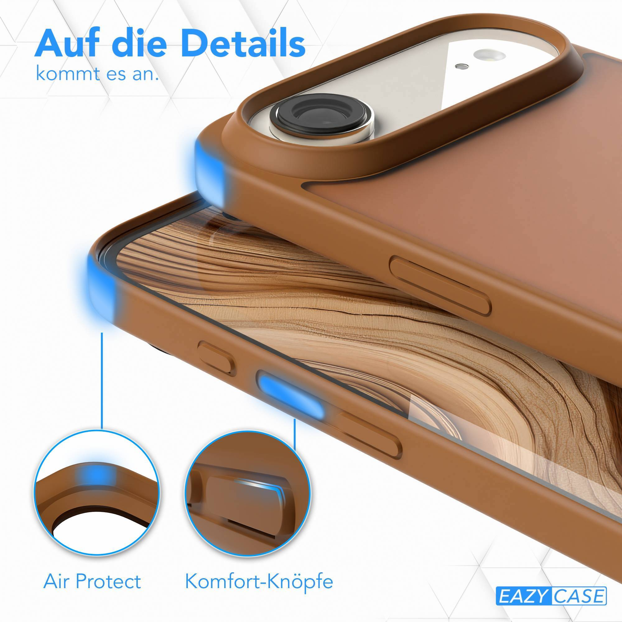 Nahaufnahme von zwei braunen Handyhüllen, eine über der anderen, mit blauen Highlights und Details zu den Funktionen.