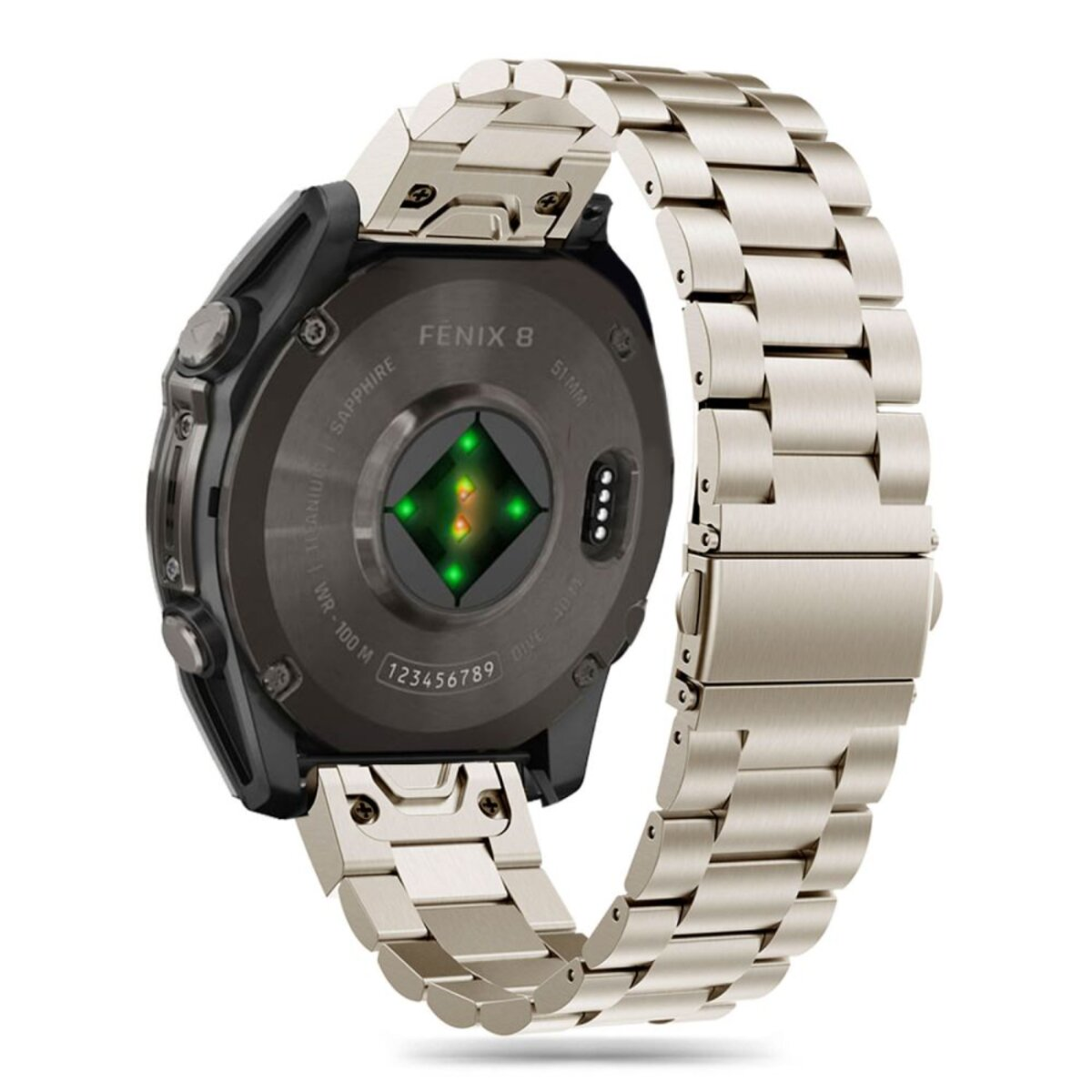 Primo piano di uno smartwatch argento con cornice nera. L'orologio mostra il retro con sensori e un cinturino in metallo argento.