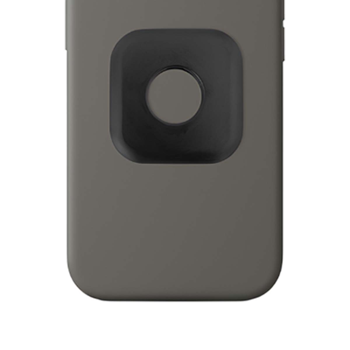 Una funda gris para teléfono con un cuadrado negro y un círculo gris en el interior. La funda es de color sólido y cubre la mayor parte del marco.