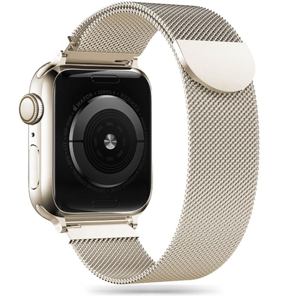 Eine goldene Apple Watch Series 4 mit Mesh-Armband wird gezeigt. Das Zifferblatt ist schwarz und das Armband mit einem Magnetverschluss befestigt.