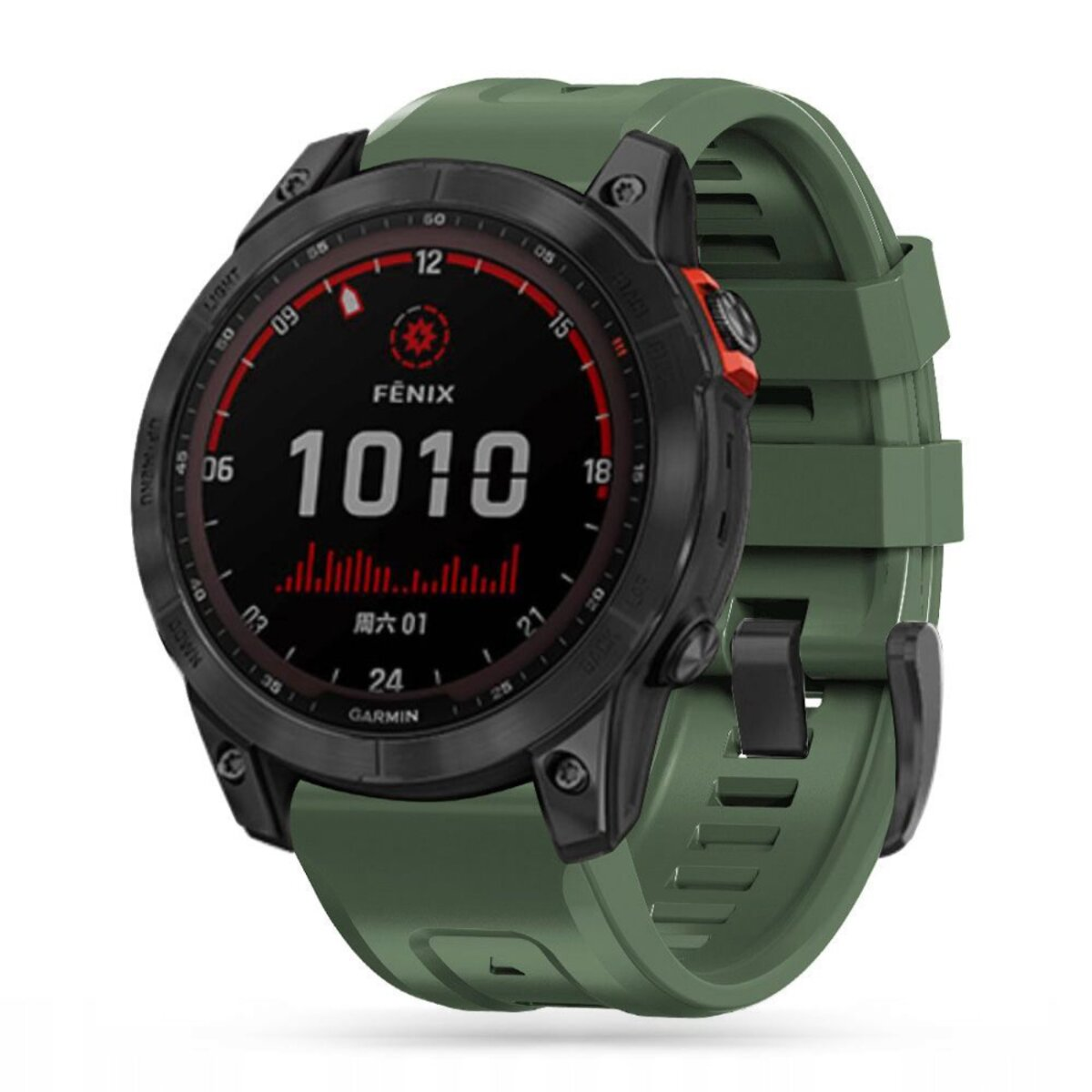 Une montre Garmin Fenix avec une lunette noire et un bracelet vert. L'écran affiche 'Fenix', '1010' et d'autres données.