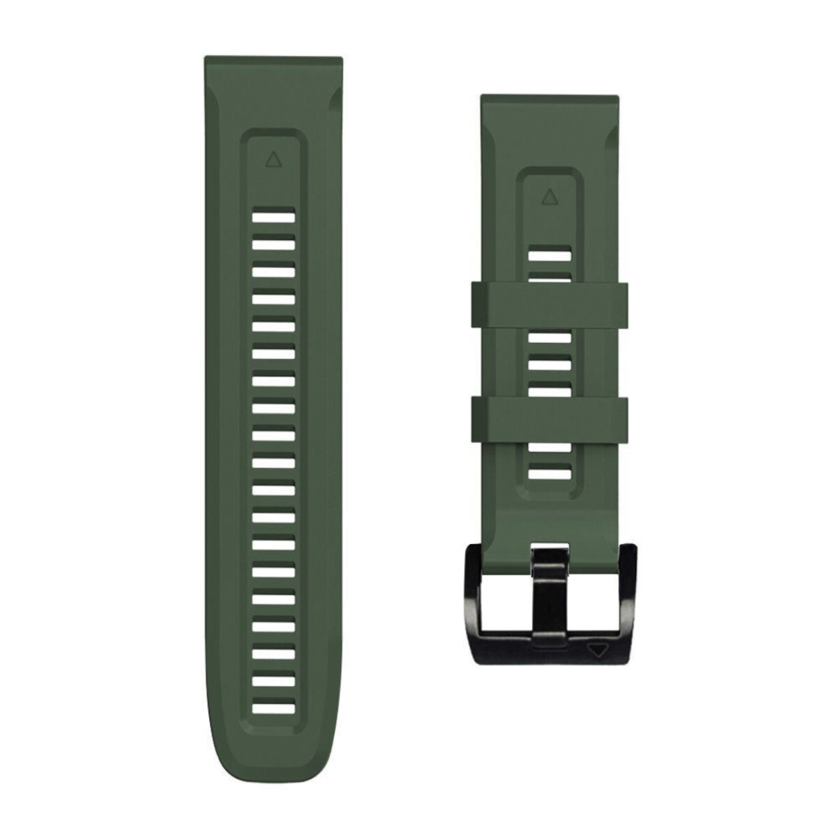 Deux bracelets de montre vert olive. L'un a des fentes verticales, l'autre a des fermoirs et une boucle noire.