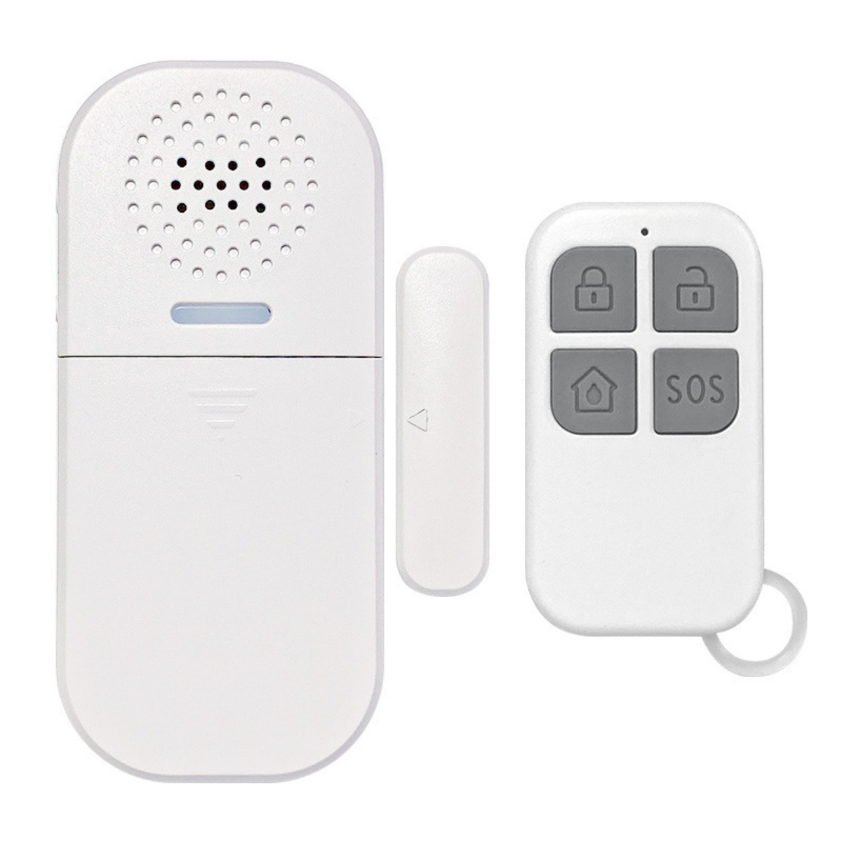 Ein weißes Sicherheitssystem-Set. Es besteht aus einem Lautsprecher, einem Sensor und einer Fernbedienung mit Tasten für Schloss, Entriegeln, Zuhause und SOS.
