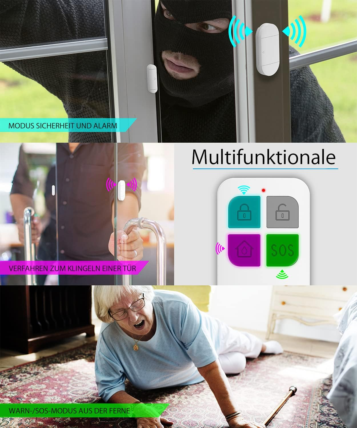 Das Bild zeigt ein Sicherheitssystem, einen Einbrecher und eine gestürzte ältere Frau. Das System hat Türsensoren und eine Fernbedienung.