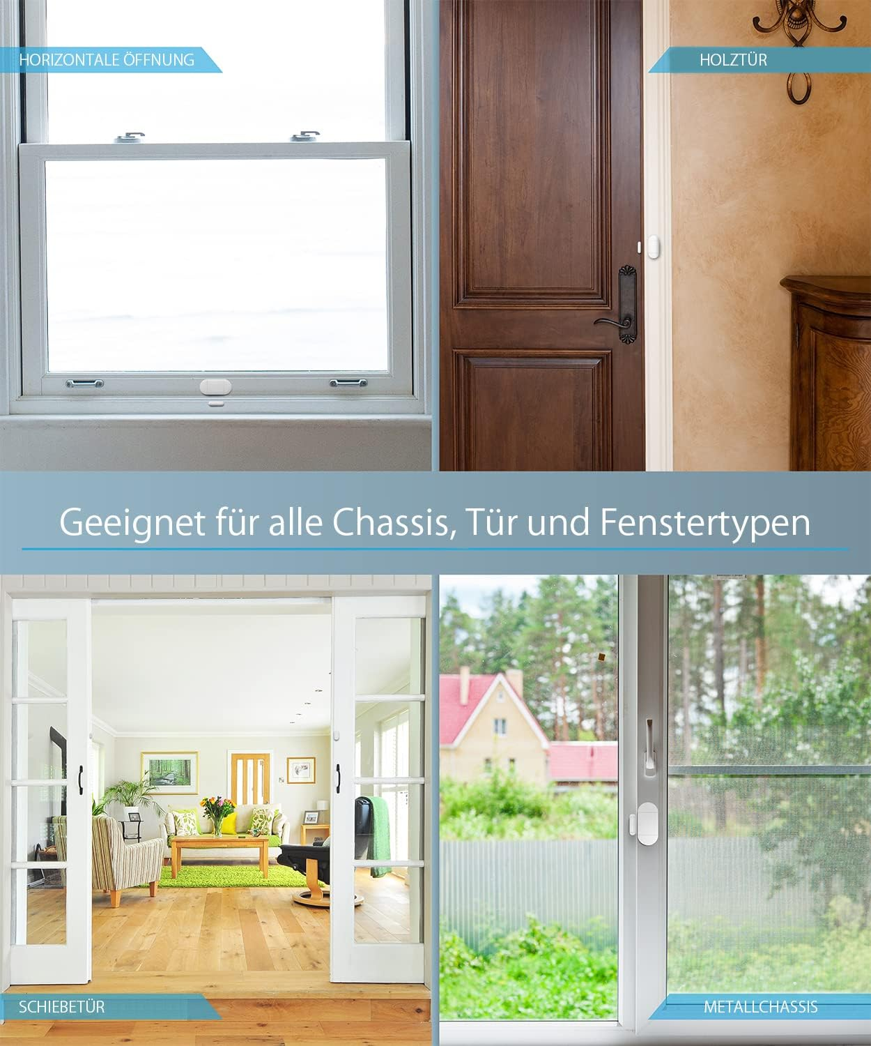 Das Bild zeigt Fenster, Tür, Schiebetür und Metallchassis. Der Hintergrund zeigt ein Haus und ein Wohnzimmer.