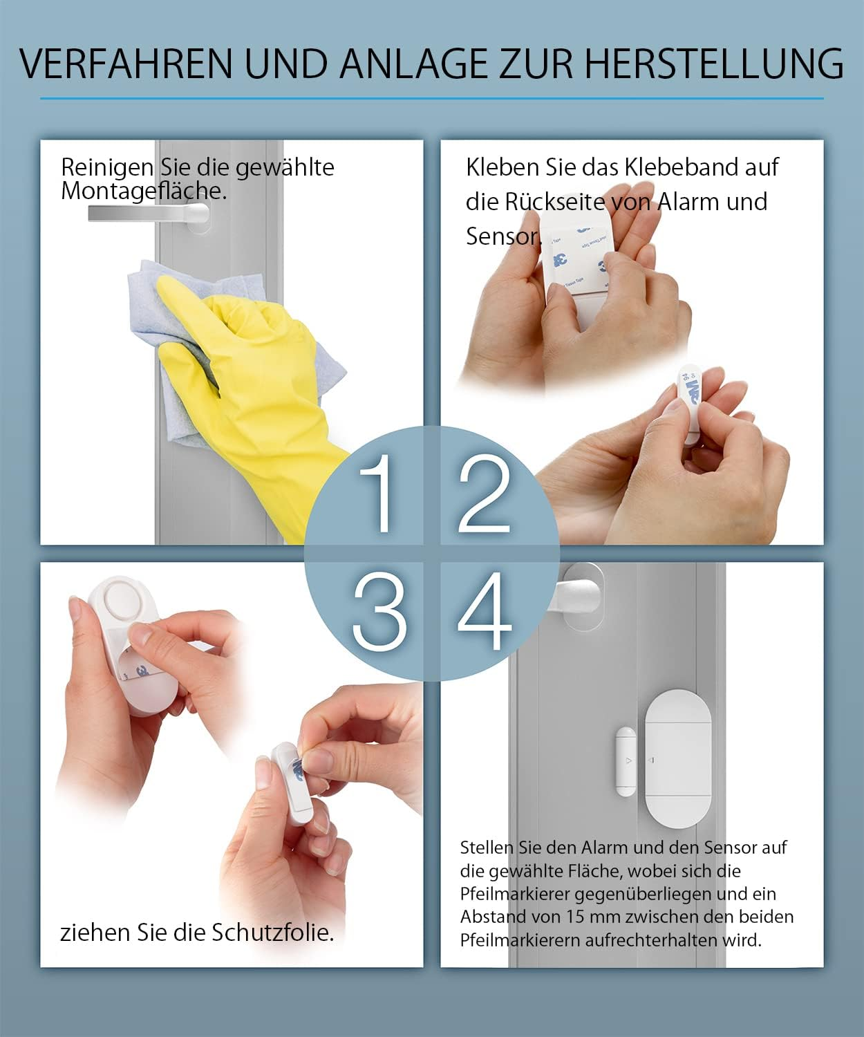 Anweisungen zur Installation eines Alarmsystems. Schritte umfassen Reinigen, Klebeband auftragen, Folie entfernen und Sensor und Alarm positionieren.