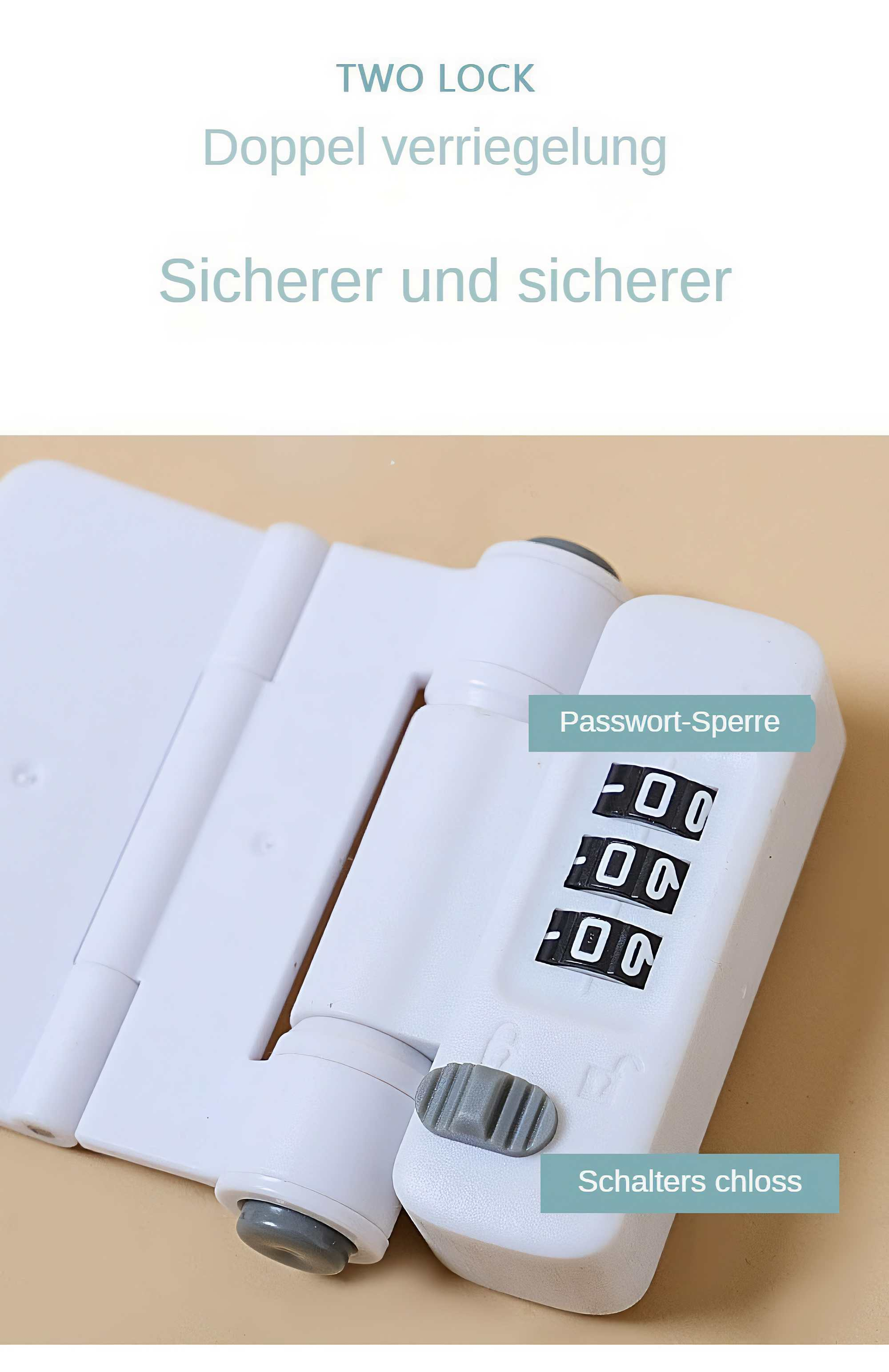 Weißes Zahlenschloss mit Zahlen, Text auf Deutsch. Das Schloss befindet sich auf einer beigefarbenen Oberfläche. Der Text beinhaltet 'TWO LOCK' und 'Password-Sperre'.