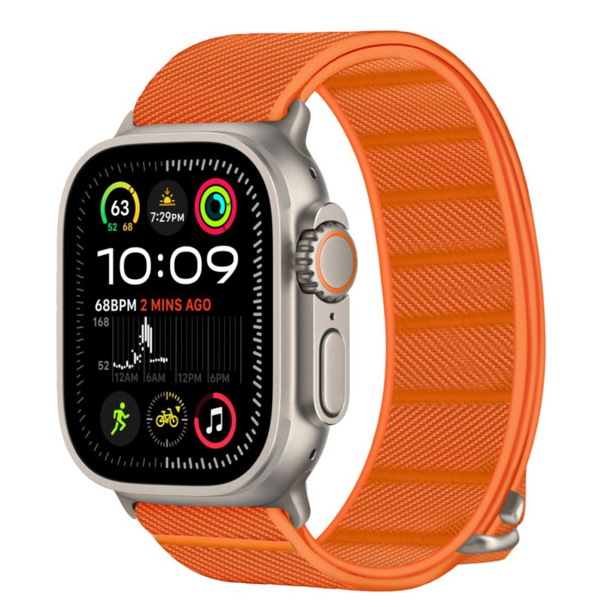 Une Apple Watch Ultra argentée avec un bracelet orange affiche l'heure et les données de santé. L'écran affiche 10:09 et d'autres mesures.