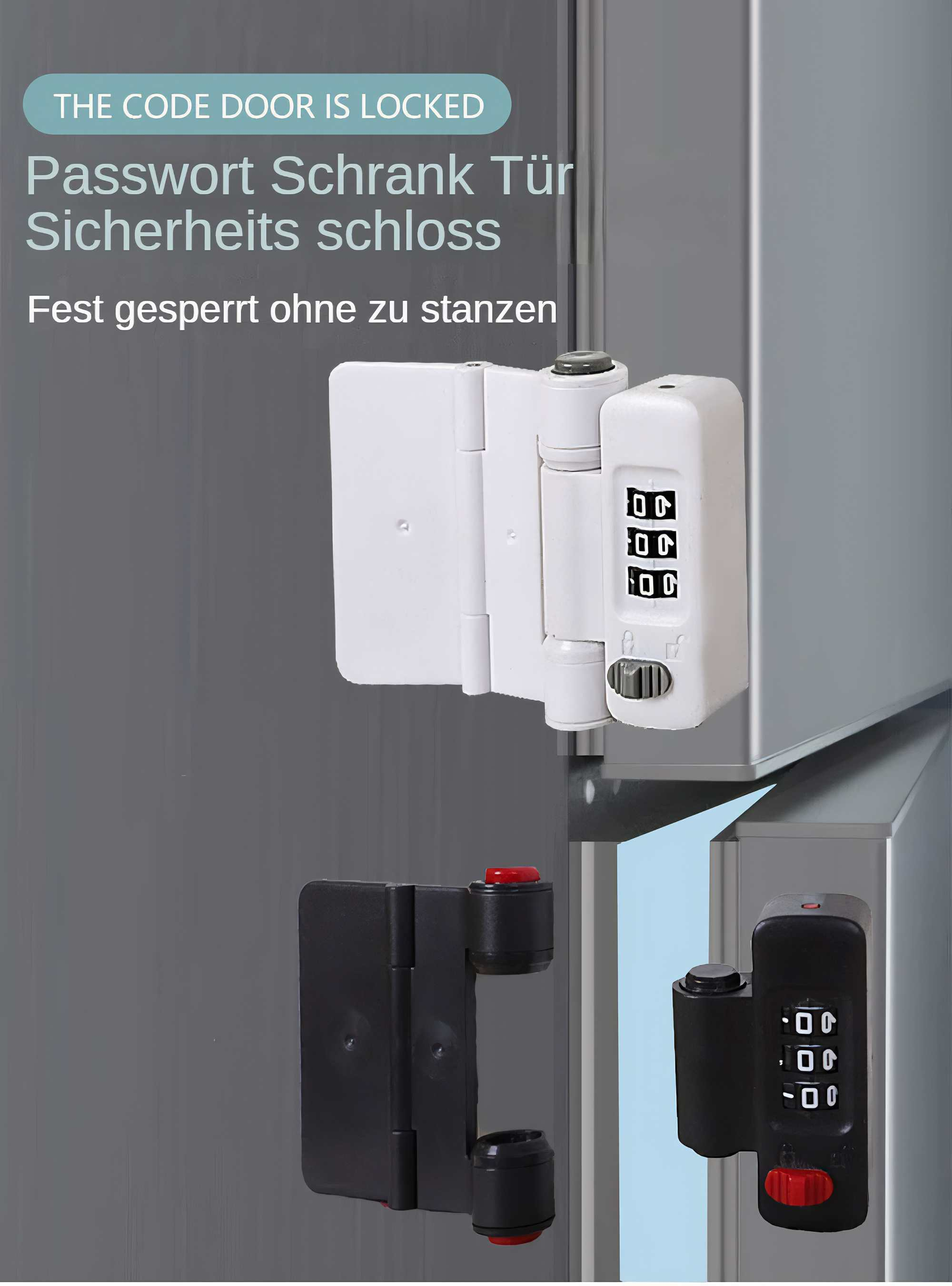Das Bild zeigt ein weißes und schwarzes Kombinationsschloss. Es befindet sich an einer Tür und hat Zahlen darauf.