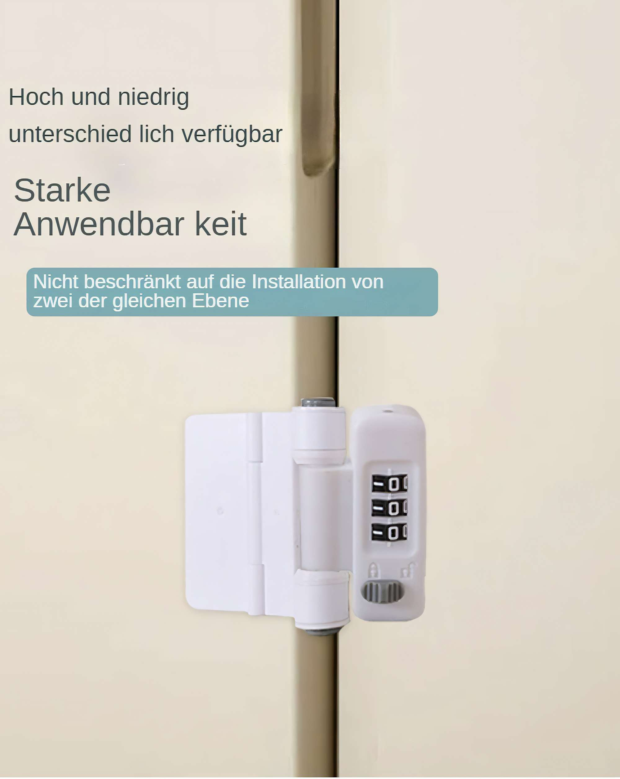 Ein weißes Schloss mit einem Kombinationswahlrad ist auf einer hellen Oberfläche befestigt. Text befindet sich über dem Schloss.