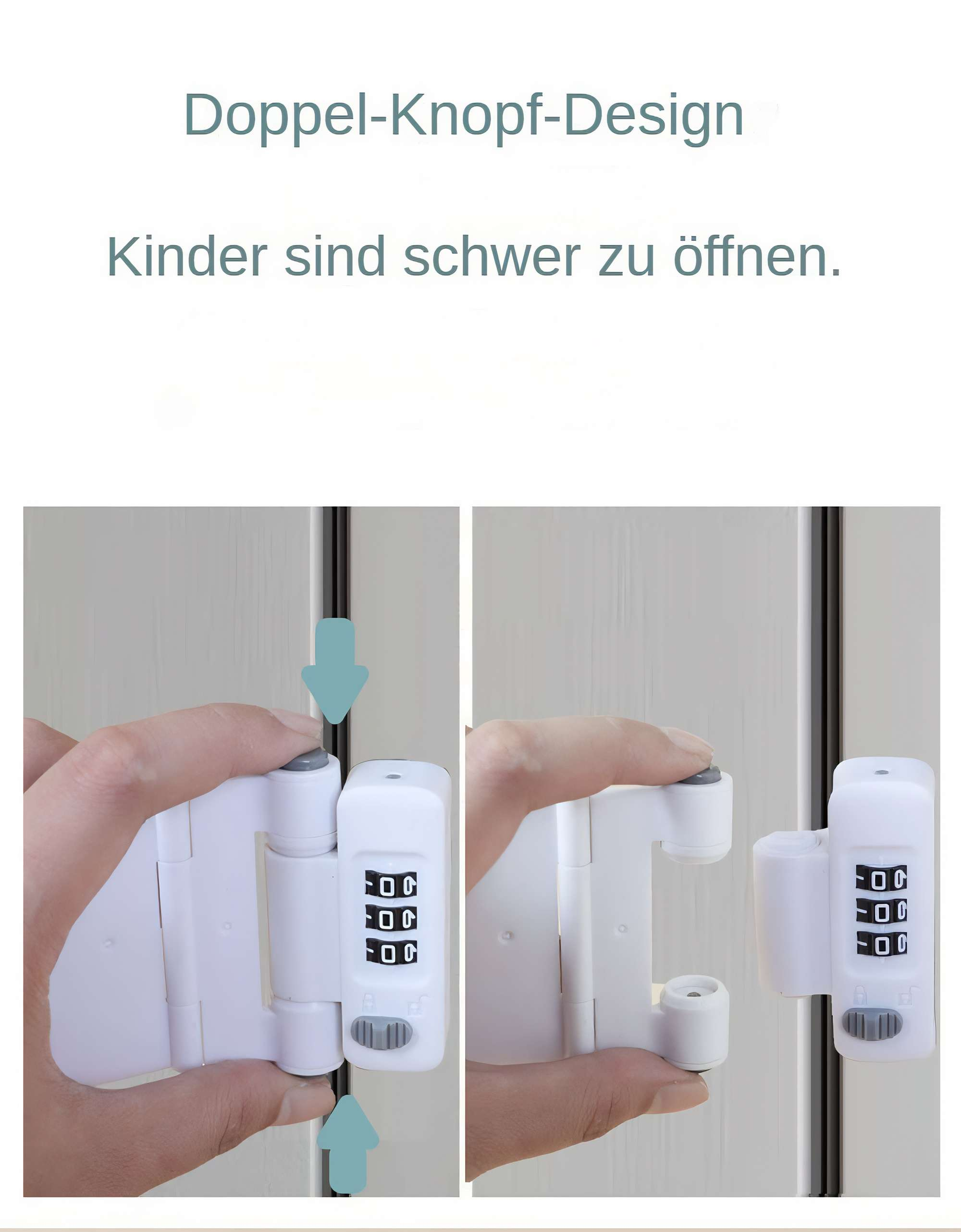 Das Bild zeigt ein weißes Kindersicherheits-Schloss mit Zahlenschloss. Eine Hand öffnet das Schloss.