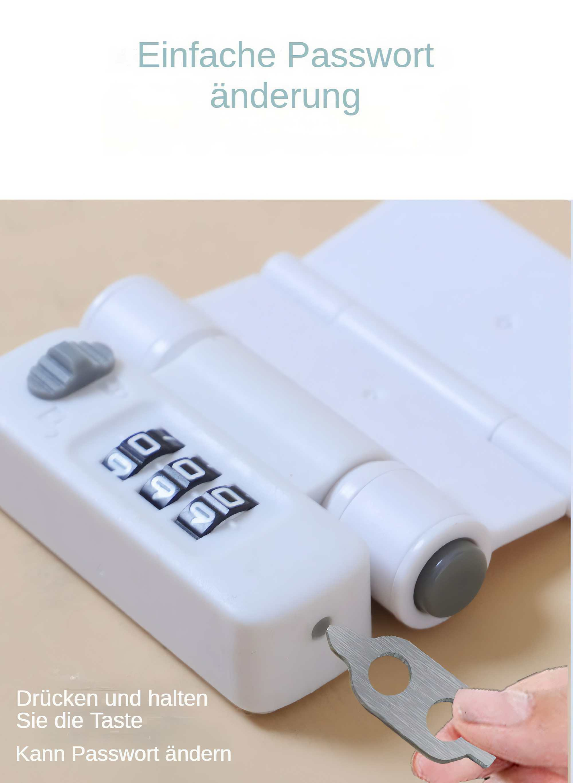 Weißes Zahlenschloss mit Zahlen, das mit einem Werkzeug angepasst wird. Text oben und unten.