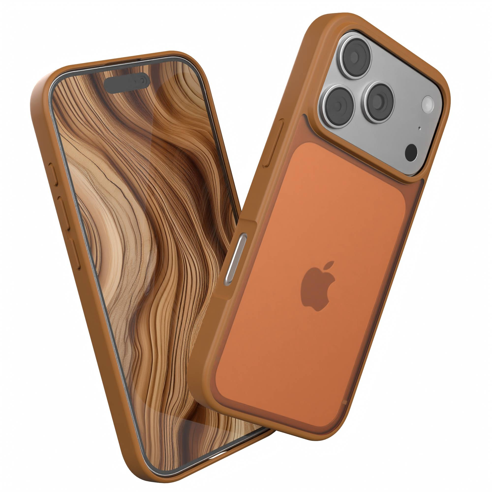 Ein iPhone-Mockup mit brauner Hülle, das eine Holzmaserung auf dem Bildschirm und ein Apple-Logo auf der Rückseite zeigt. Der Hintergrund ist weiß.