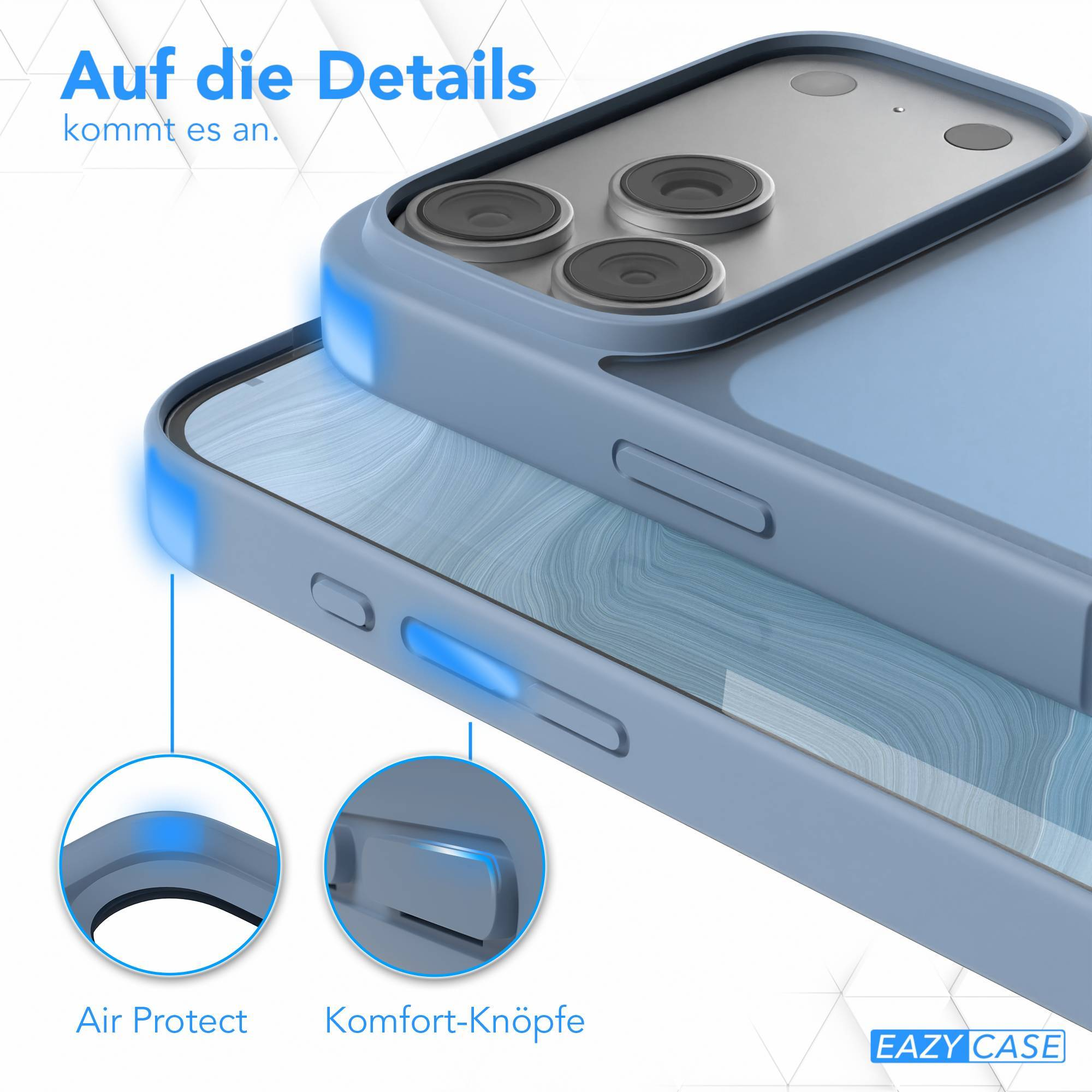 Eine hellblaue Handyhülle mit dem Text 'Auf die Details'. Merkmale sind Air Protect und Komfort-Tasten.