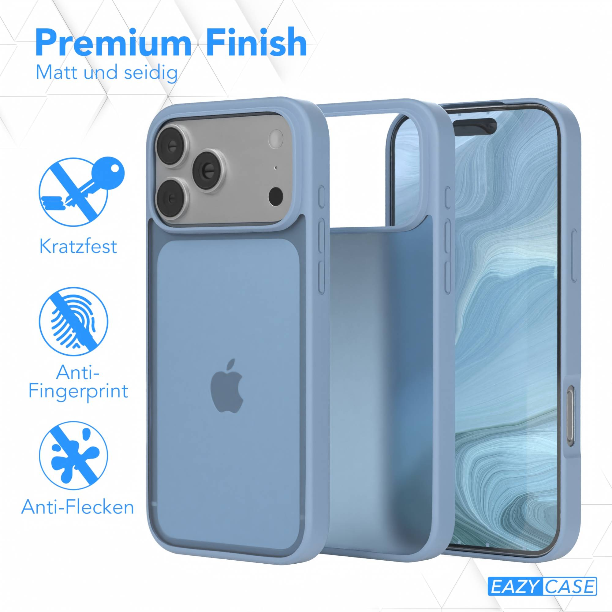 Eine hellblaue Handyhülle mit einem iPhone, der Bildschirm ist getrennt. Die Hülle hat mehrere Schutzsymbole.