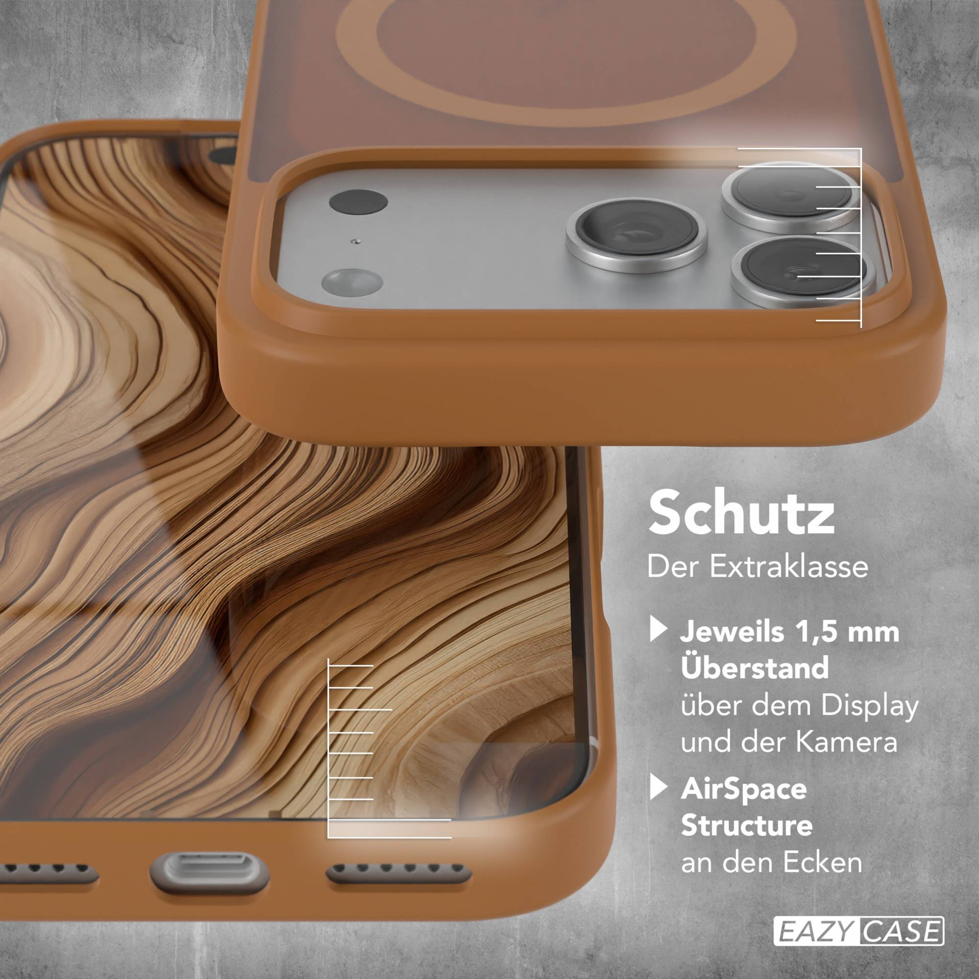 Handyhülle mit Holzdesign, zeigt Kameraausschnitte. Text: 'Schutz'. 1,5 mm Überstand und AirSpace-Struktur.