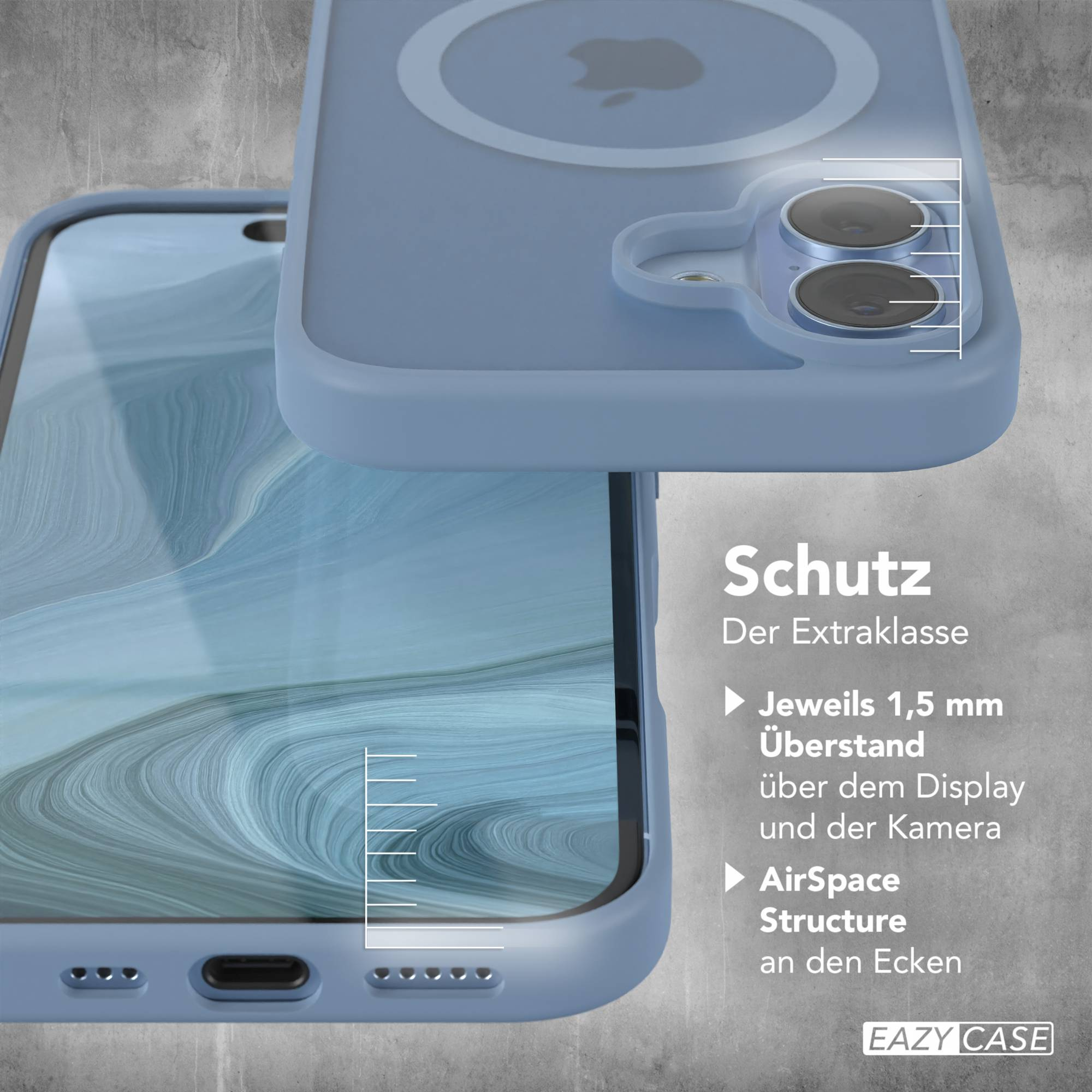 Eine Handyhülle mit Telefon. Text auf der Seite beschreibt Funktionen wie Kamera- und Displayschutz.