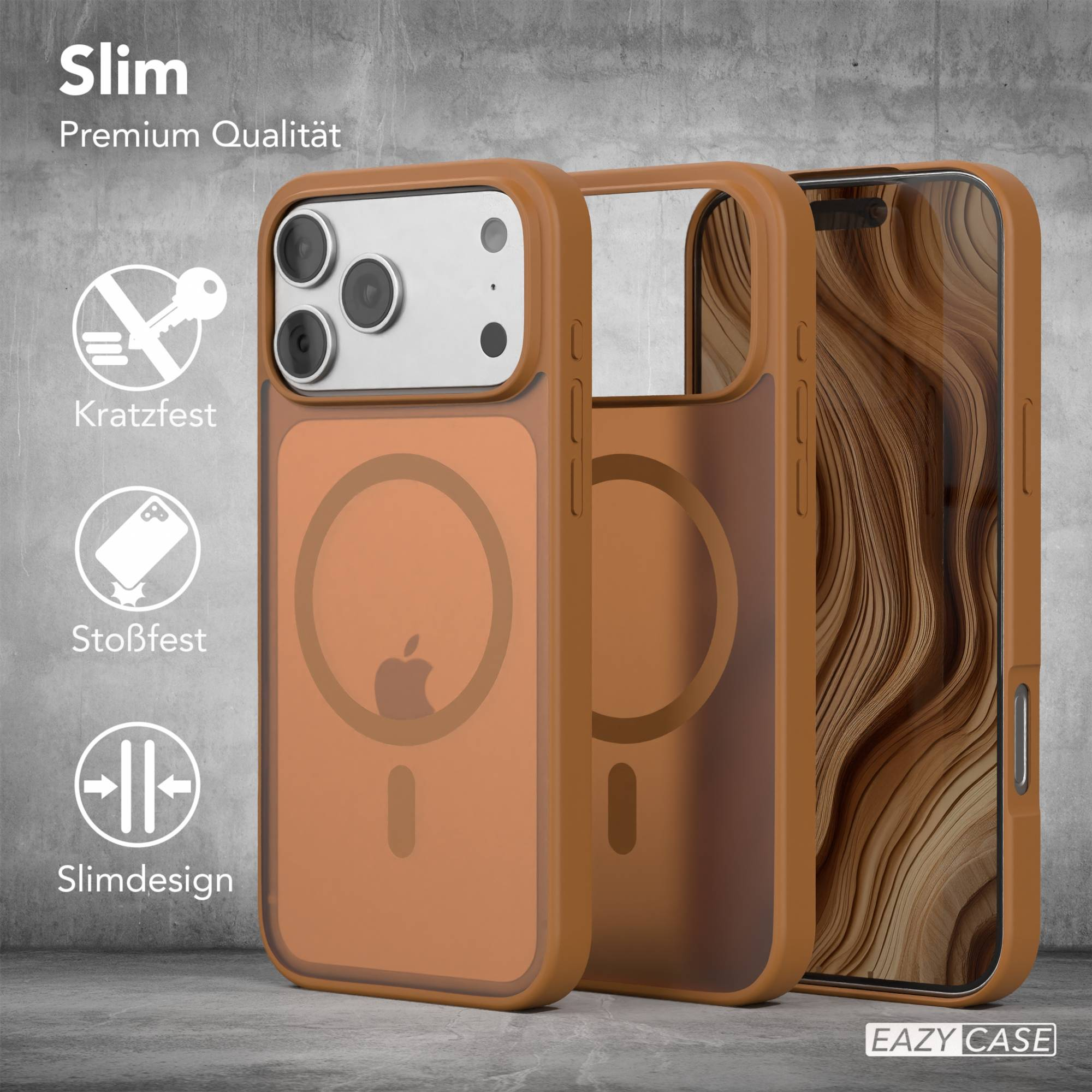 Drei Handyhüllen: eine montiert, eine demontiert und eine mit Holzmaserung. Orange-braune Farbe. Text: Slim, Premium Qualität.