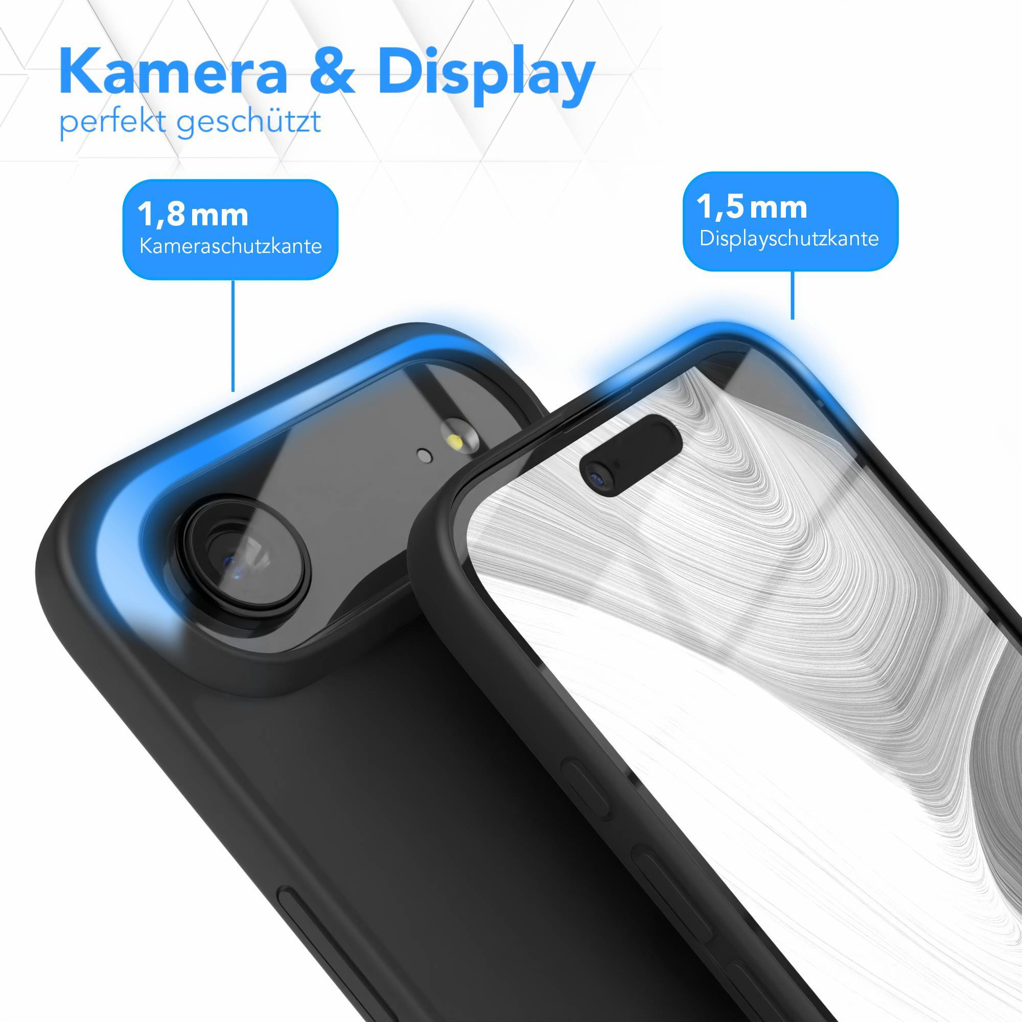 Handyhülle mit Kamera- und Displayschutz. Texte zeigen 1,8 mm und 1,5 mm Schutz. Schwarze Hülle, weißer Hintergrund.
