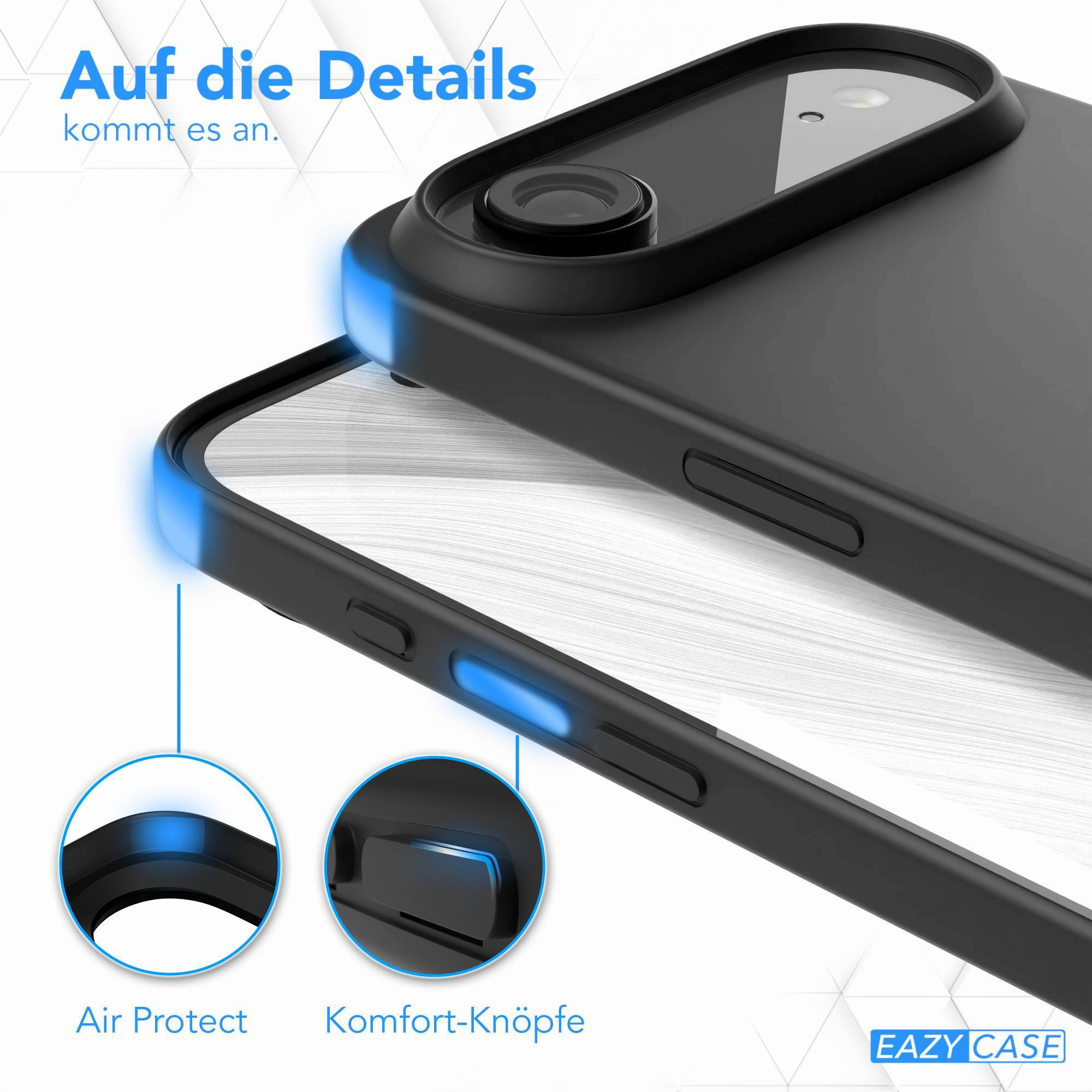Nahaufnahme einer schwarzen Handyhülle mit blauen Akzenten. Text sagt 'Auf die Details kommt es an.' und 'Air Protect' und 'Komfort-Knöpfe'.
