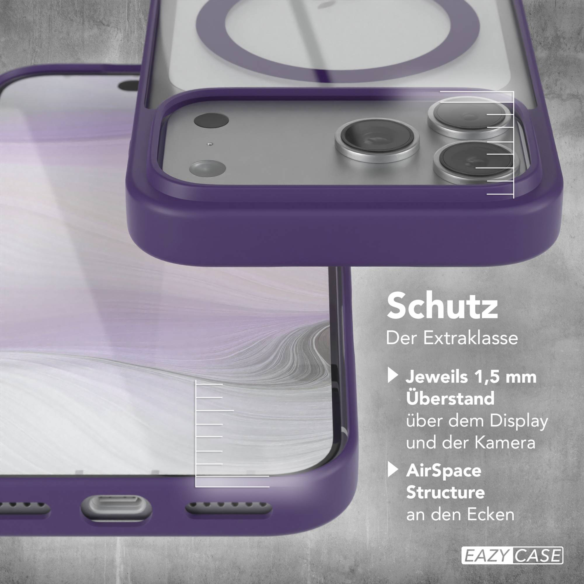 Eine lila Handyhülle mit Kamera und Unterseite. Text: Schutz, Der Extraklasse, 1,5 mm Überstand, AirSpace Structure.