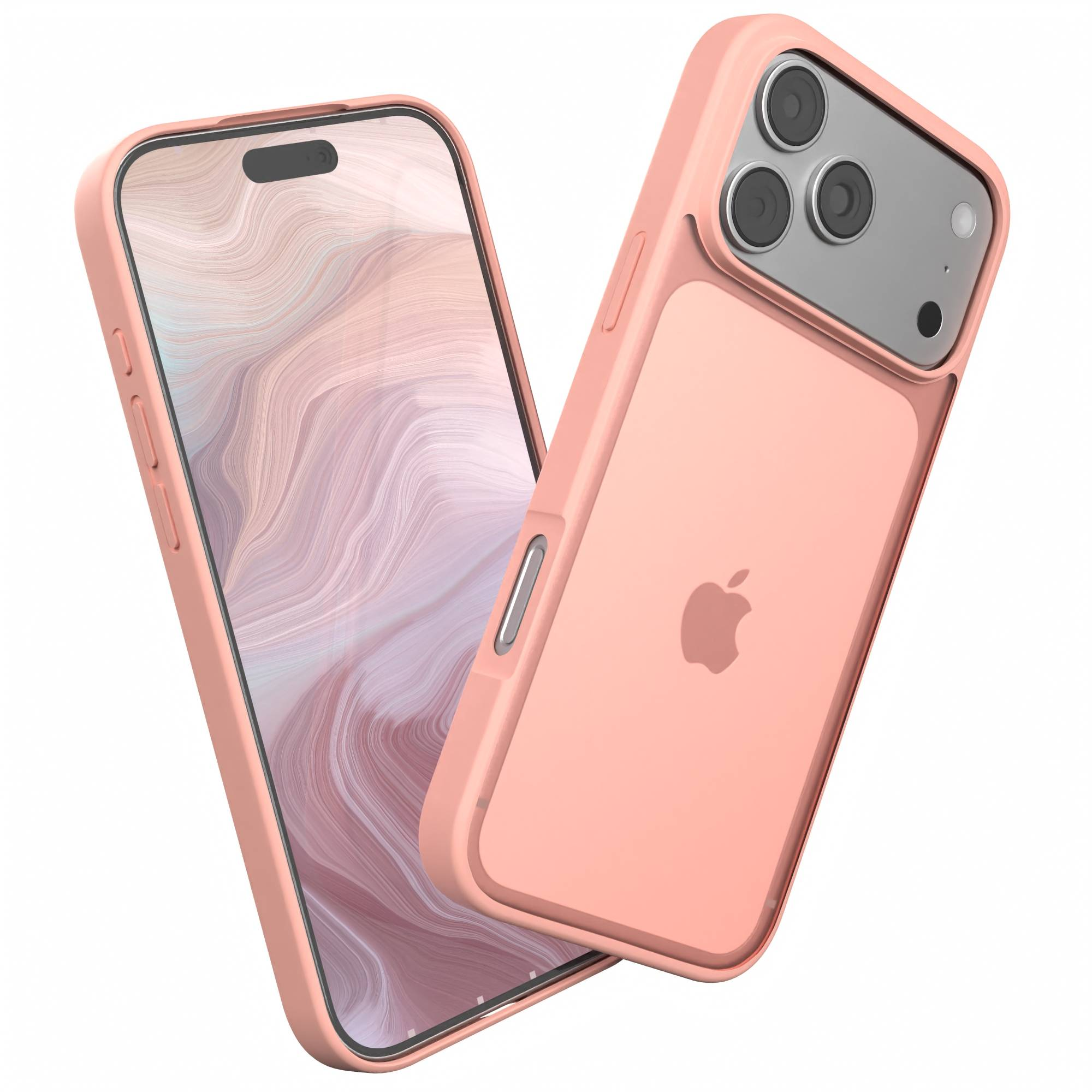 Zwei rosa Handyhüllen, eine mit sichtbarem Bildschirm, zeigt ein wellenförmiges Design. Das Apple-Logo ist sichtbar.