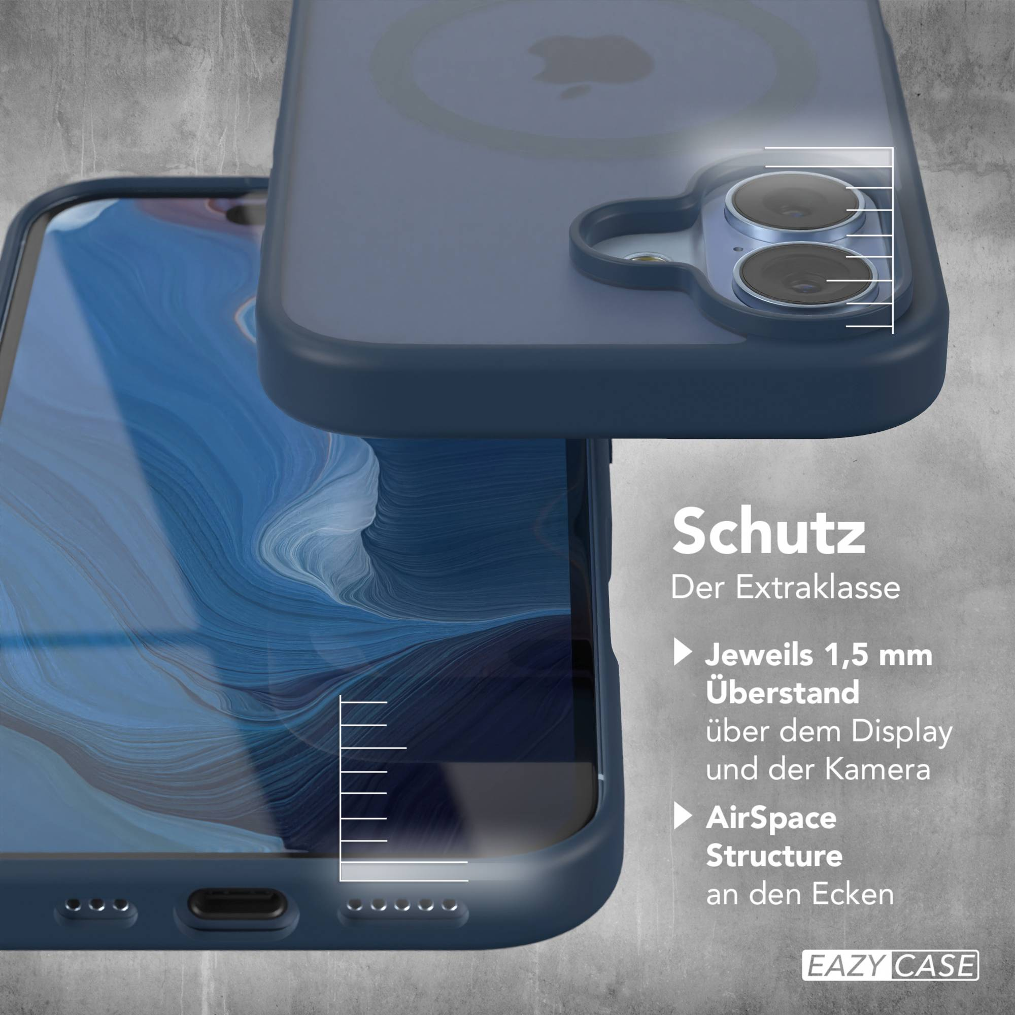 Ein Handycase, das ein Handy schützt, wird gezeigt. Die Hülle ist blau. Der Text rechts lautet 'Schutz' und 'EAZY CASE'.