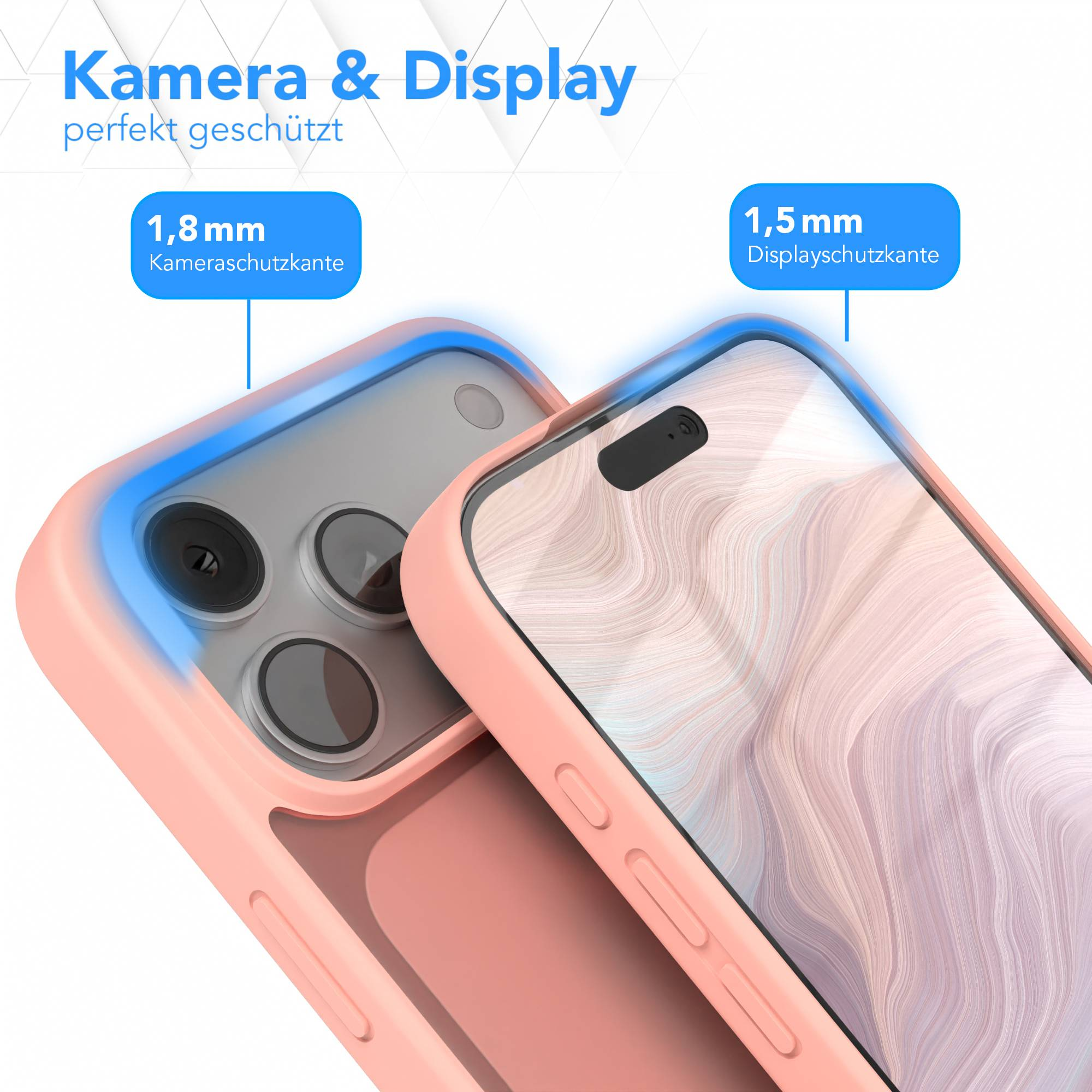Nahaufnahme eines Telefons in einer rosa Hülle, wobei der Kamera- und Displayschutz hervorgehoben wird. Text-Overlays heben die Abmessungen hervor.