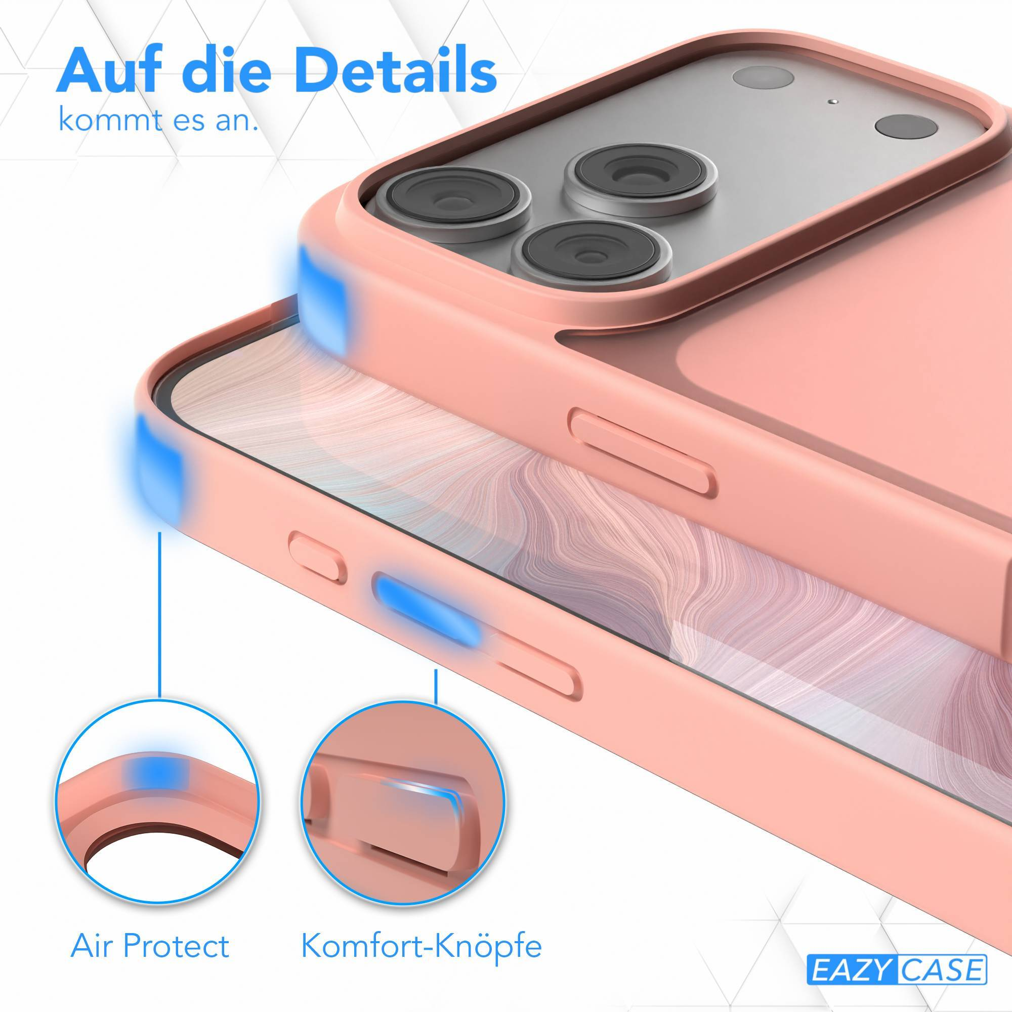 Nahaufnahme einer rosa Handyhülle. Luftschutz und Komforttasten werden hervorgehoben. Text sagt 'Auf die Details kommt es an.'