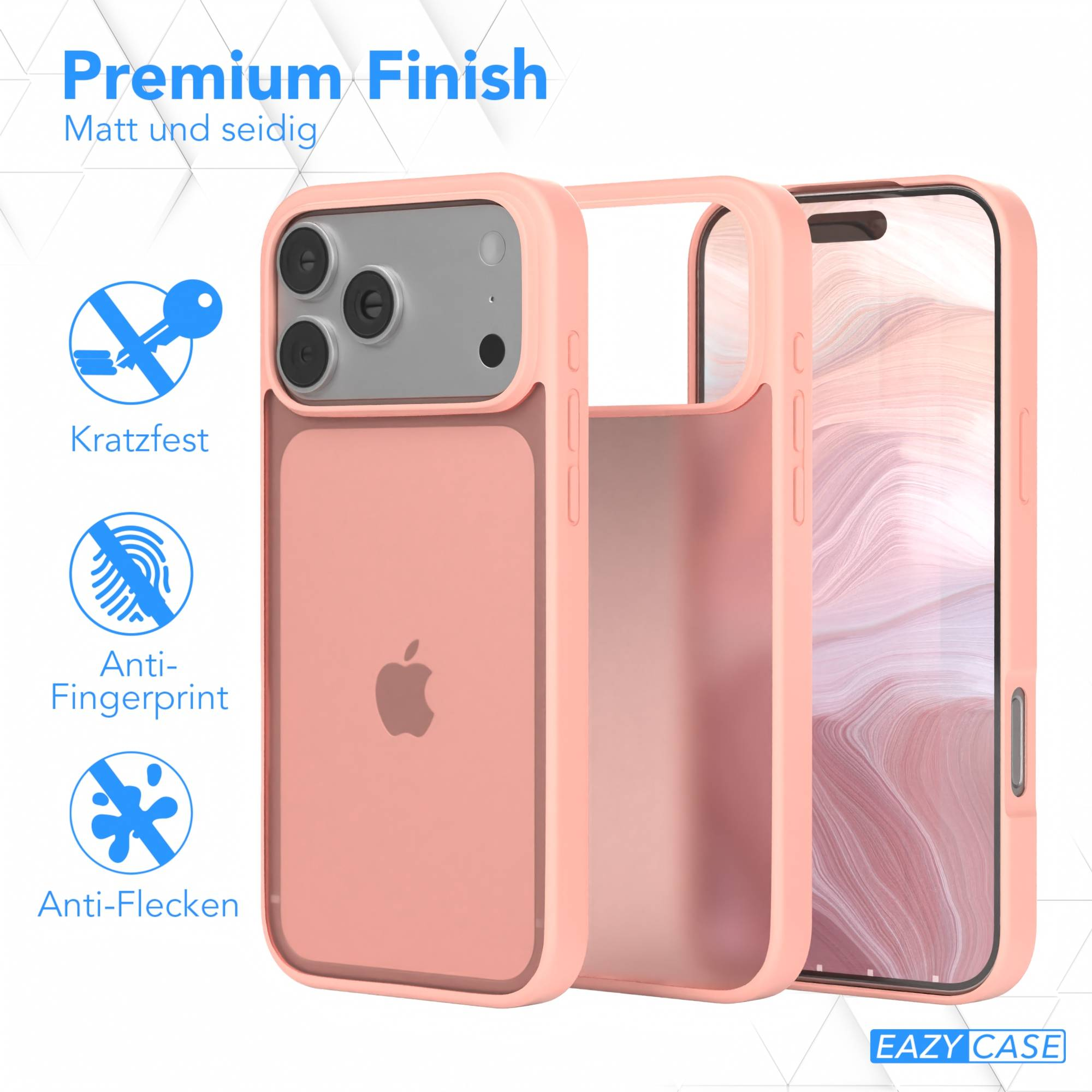 Rosa Handyhülle mit iPhone. Eigenschaften: kratzfest, fingerabdruckfrei und fleckenabweisend.