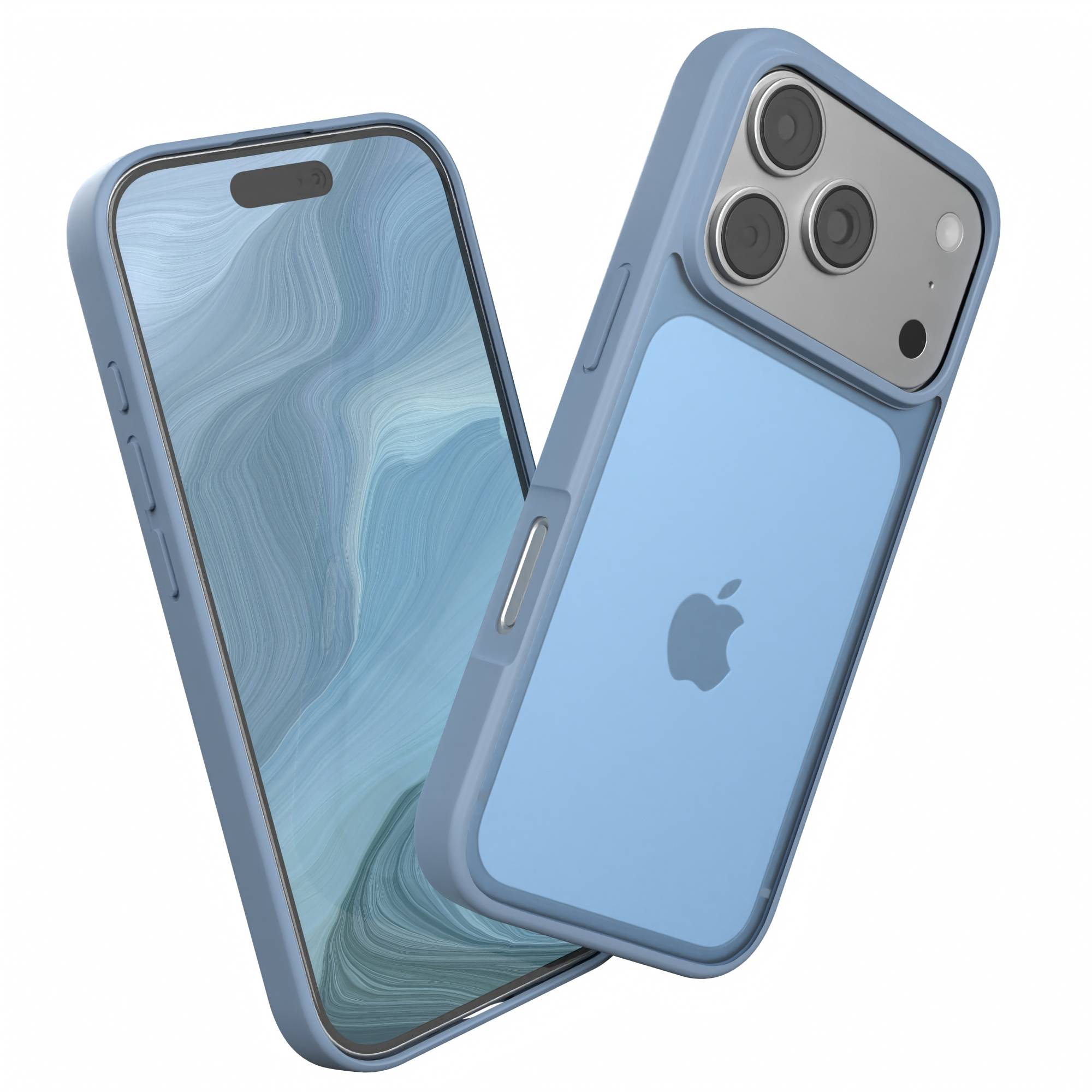 Zwei blaue iPhone-Hüllen. Eine links, die den Bildschirm zeigt, die andere rechts, die die Kamera und das Apple-Logo zeigt.