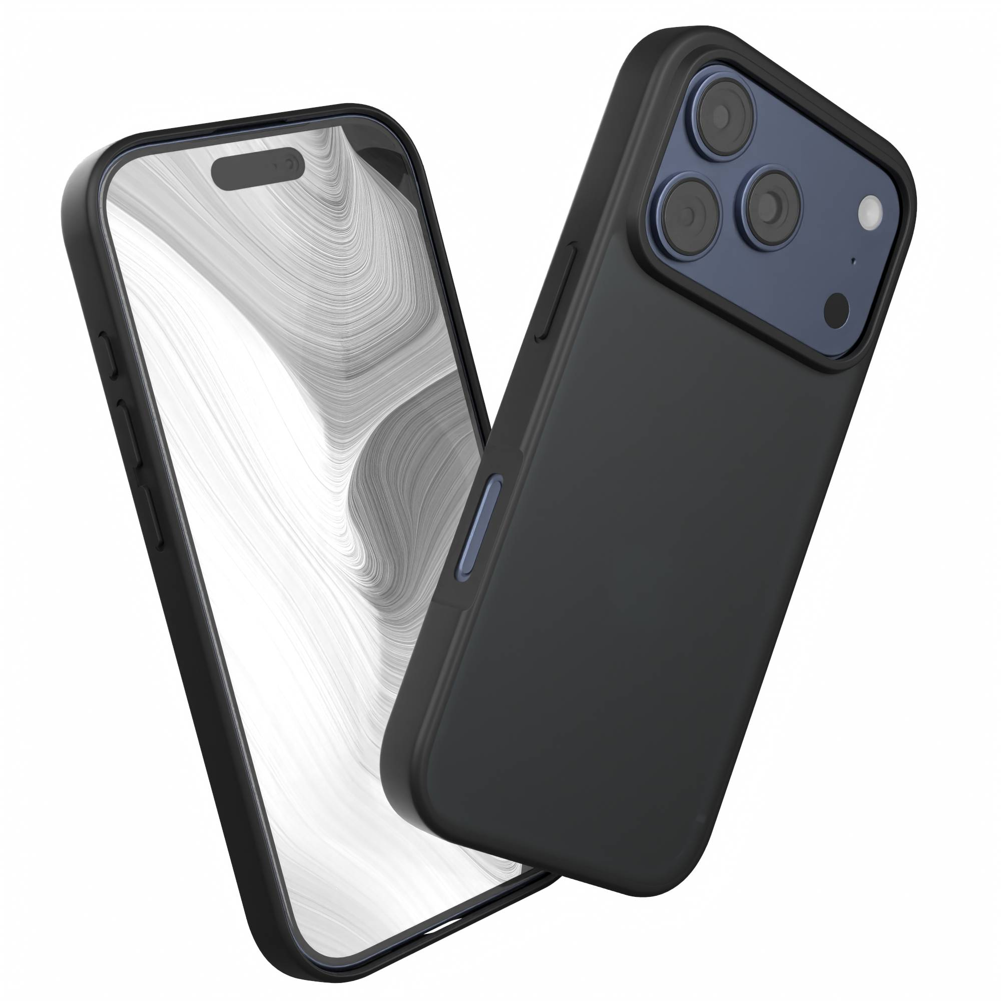 Schwarzes Telefon mit Hülle, Bildschirm zeigt weißes abstraktes Design, vor weißem Hintergrund.