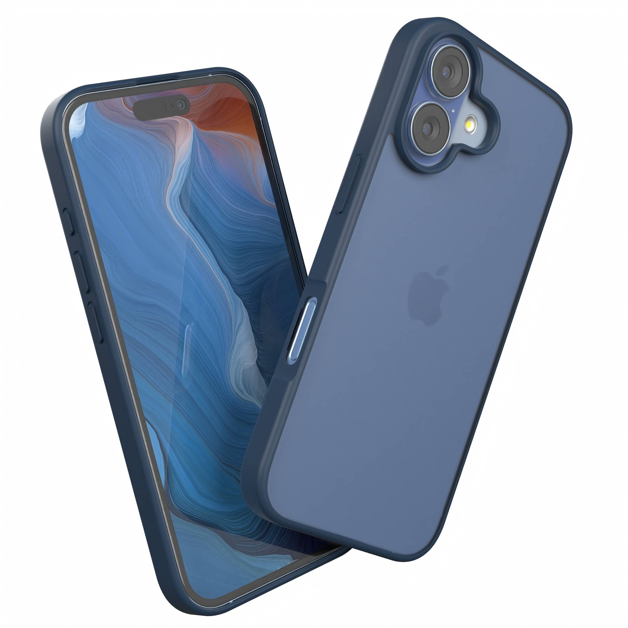 Zwei blaue iPhones mit Hüllen. Eines zeigt ein blaues und weißes abstraktes Bild. Ein anderes zeigt das Apple-Logo.